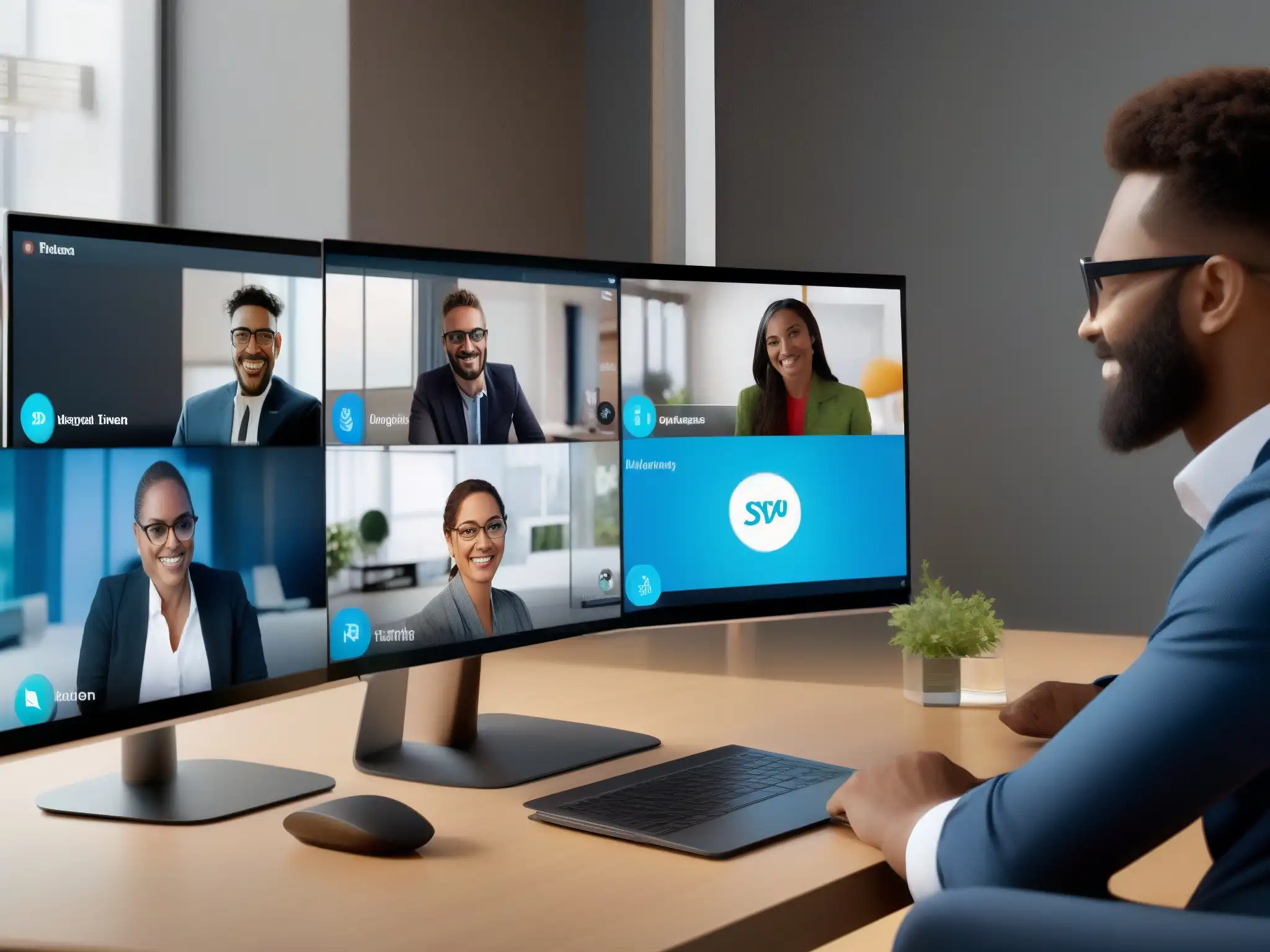 Profesional multitarea: Webex, Skype y BlueJeans en 8k Un profesional usa Webex, Skype y BlueJeans en varios dispositivos en un entorno moderno