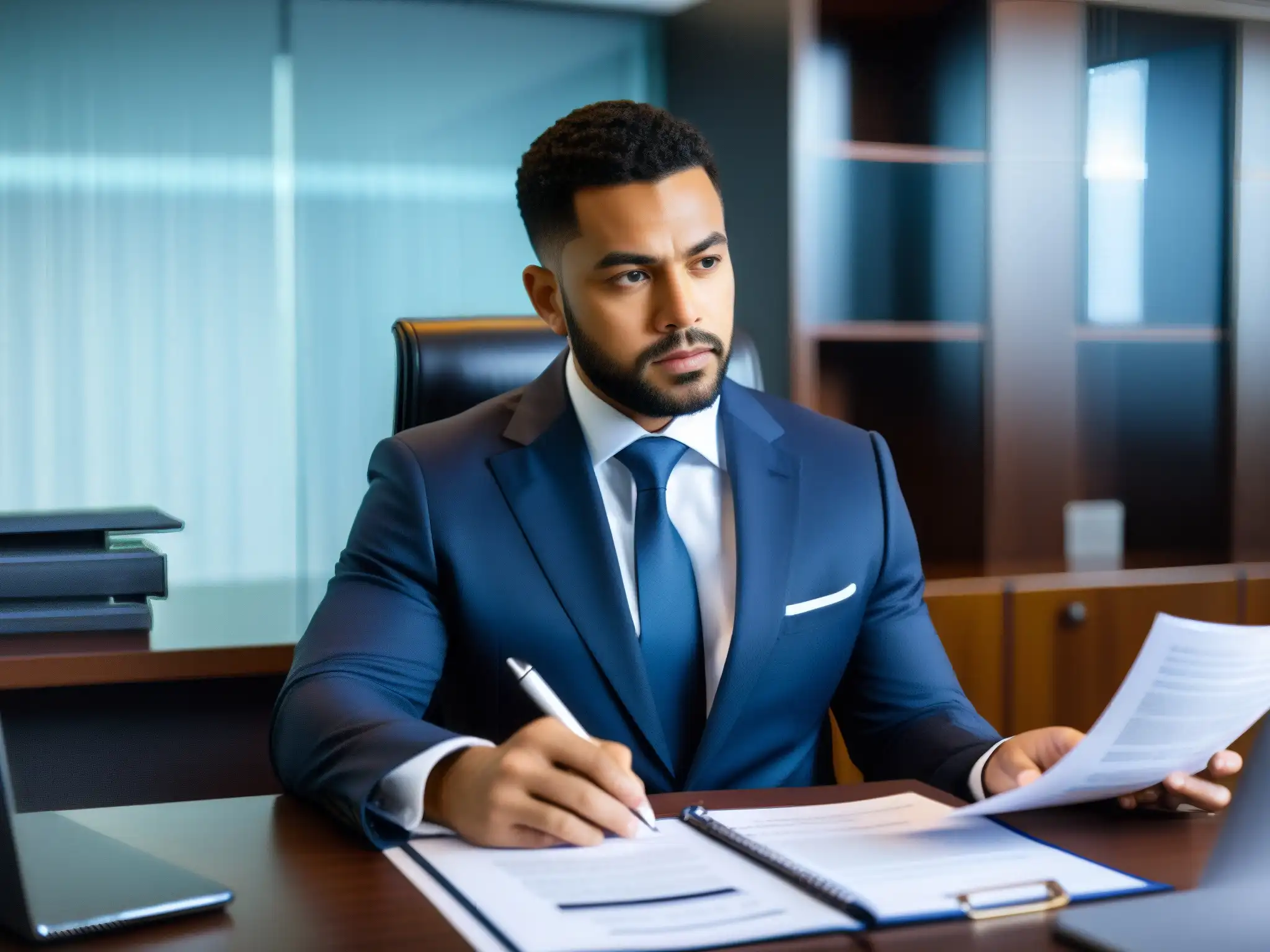Experto legal revisando documentos de brechas de datos durante videoconferencias Un profesional revisa documentos legales sobre responsabilidad legal en filtraciones de datos durante videoconferencias, con determinación y expertise