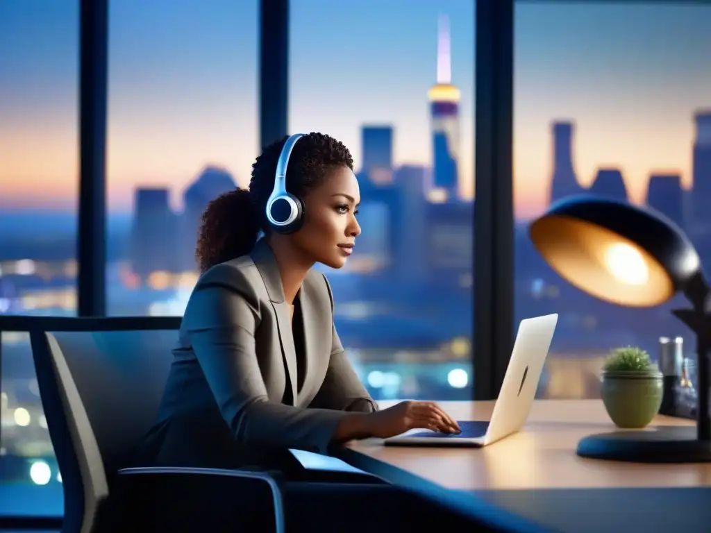 Profesional en videoconferencia con vista a la ciudad Un profesional enfocado en una videoconferencia en un elegante escritorio, con la ciudad de fondo