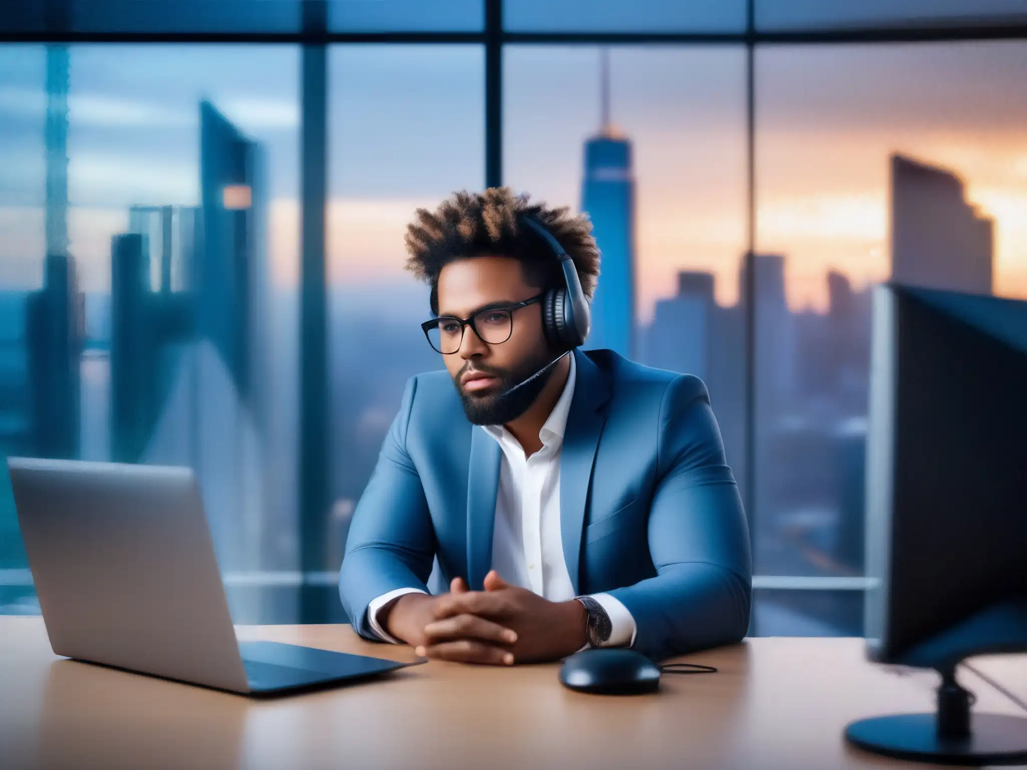 Desafíos del teletrabajo: Estrés en videoconferencias Profesional estresado en videoconferencia, evitando burnout en entorno remoto