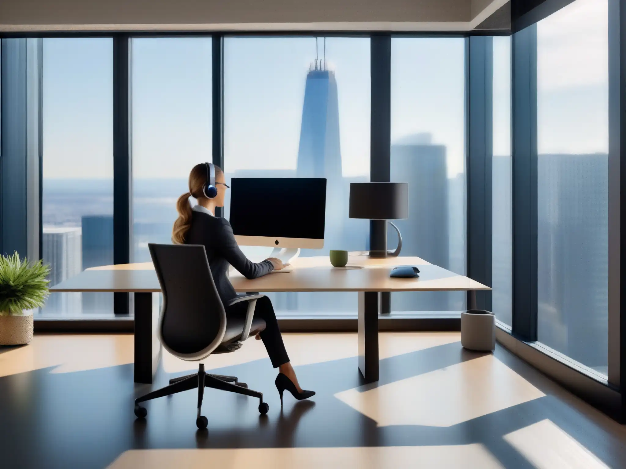 Oficina moderna para videollamadas eficientes Un profesional independiente en una oficina moderna, comparando herramientas de videoconferencia como FaceTime y Zoom