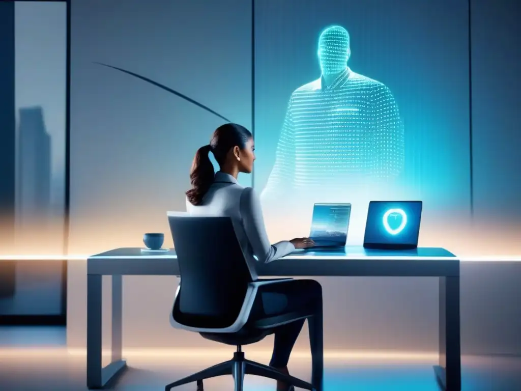 Oficina futurista con asistente virtual holográfico Un profesional interactúa con un asistente virtual holográfico en una oficina moderna y luminosa