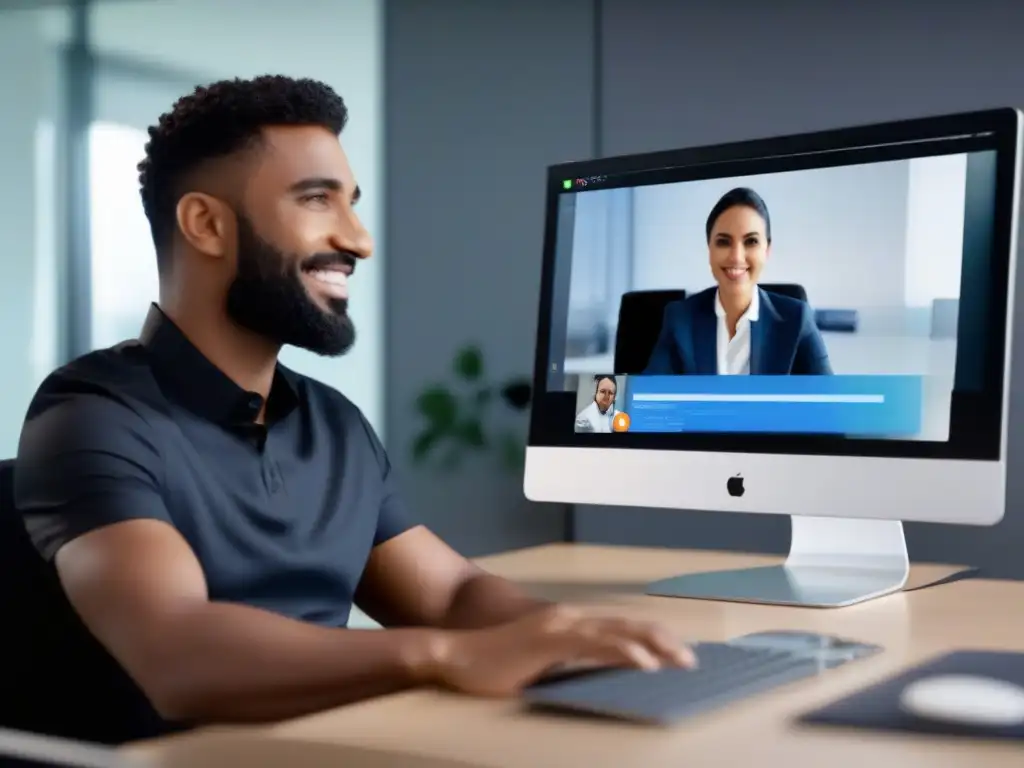 Profesional cómodo en videoconferencia Un profesional interactúa de forma productiva con herramientas de videoconferencia en un entorno limpio y moderno