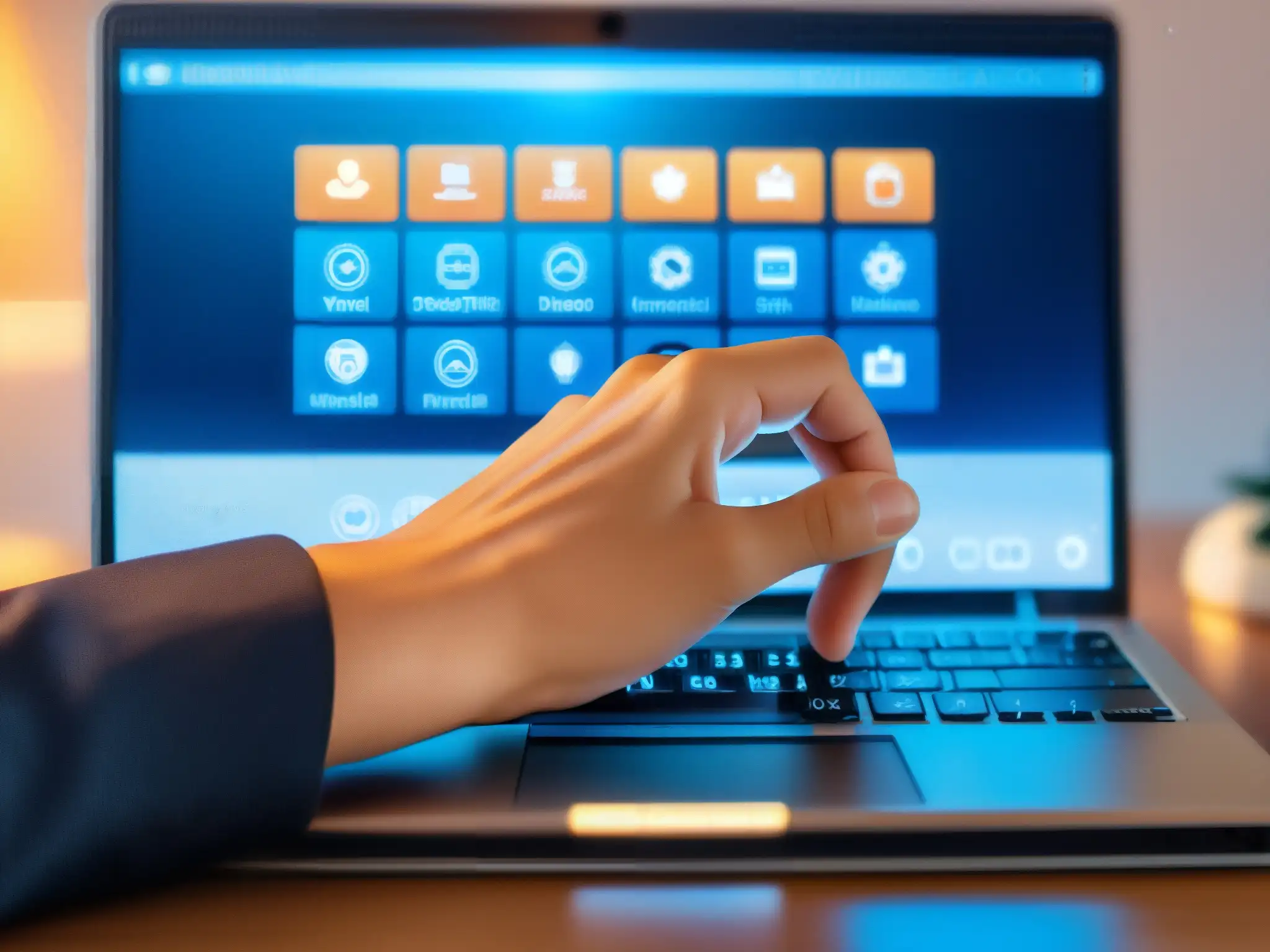 Mano en teclado: Videoconferencia segura y profesional Un profesional teclea en una laptop, con una interfaz de videoconferencia segura en la pantalla
