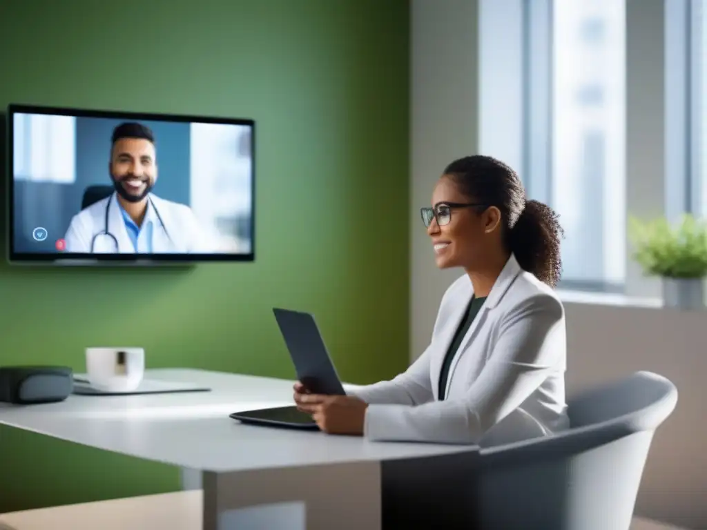 Videoconsulta médica segura y confidencial en un entorno moderno Profesional médico en videoconferencia, garantizando protección confidencialidad paciente
