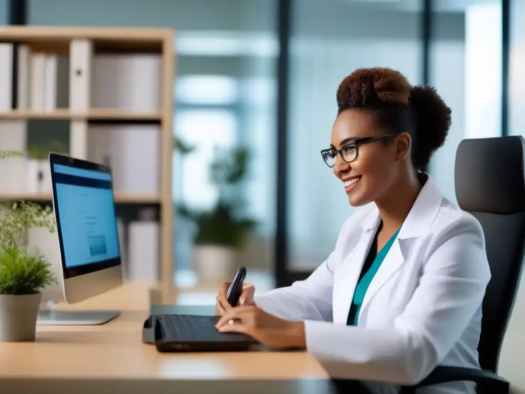 Atención médica moderna y cálida: videoconferencia con paciente Profesional médico en videoconferencia con paciente, ambiente cálido y acogedor con protección confidencialidad paciente videoconferencias