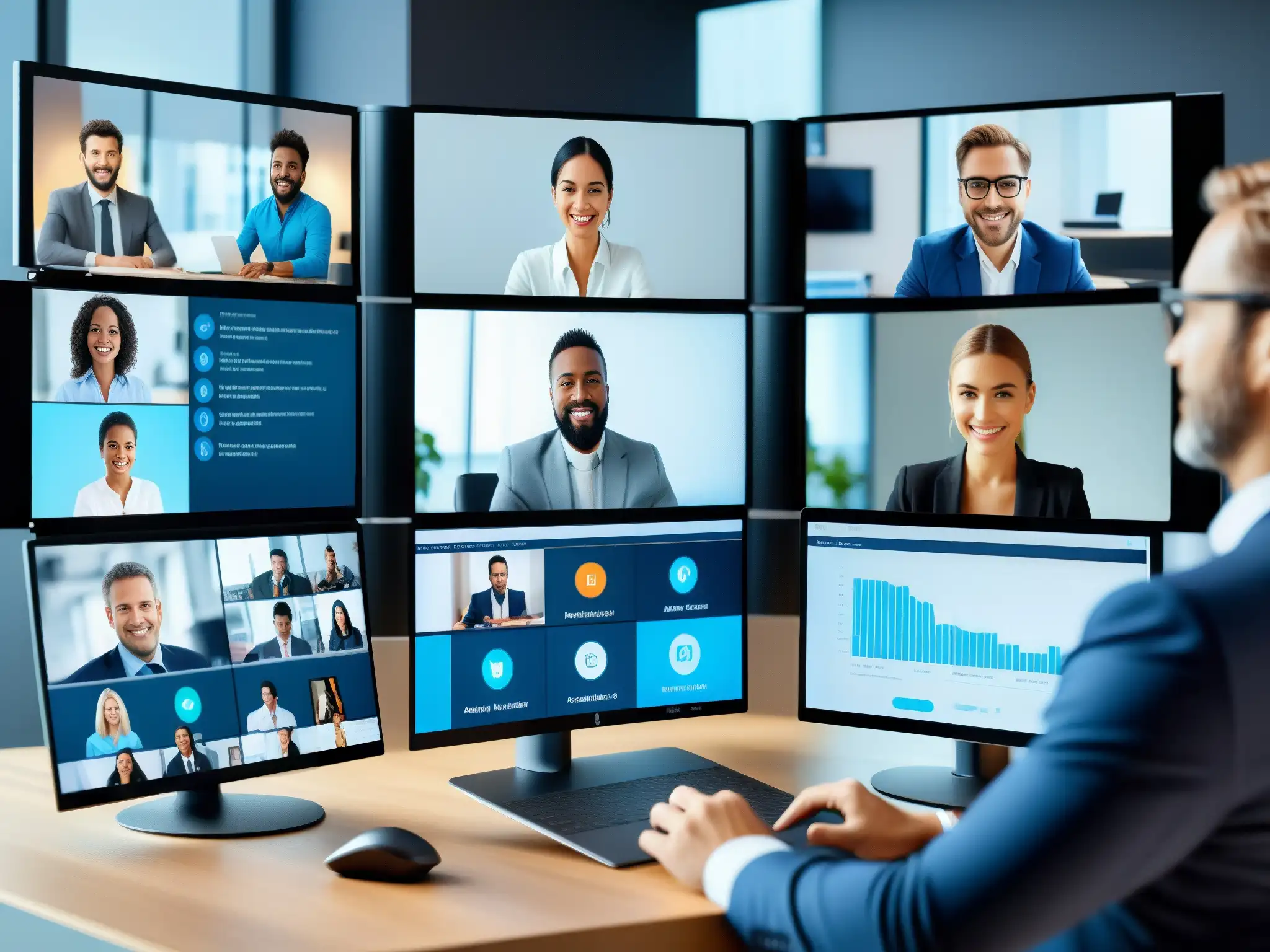 Conferencia Virtual Multitarea: Profesional 8k Profesional haciendo gestión multitarea en videoconferencias, con múltiples pantallas mostrando tareas diversas simultáneamente