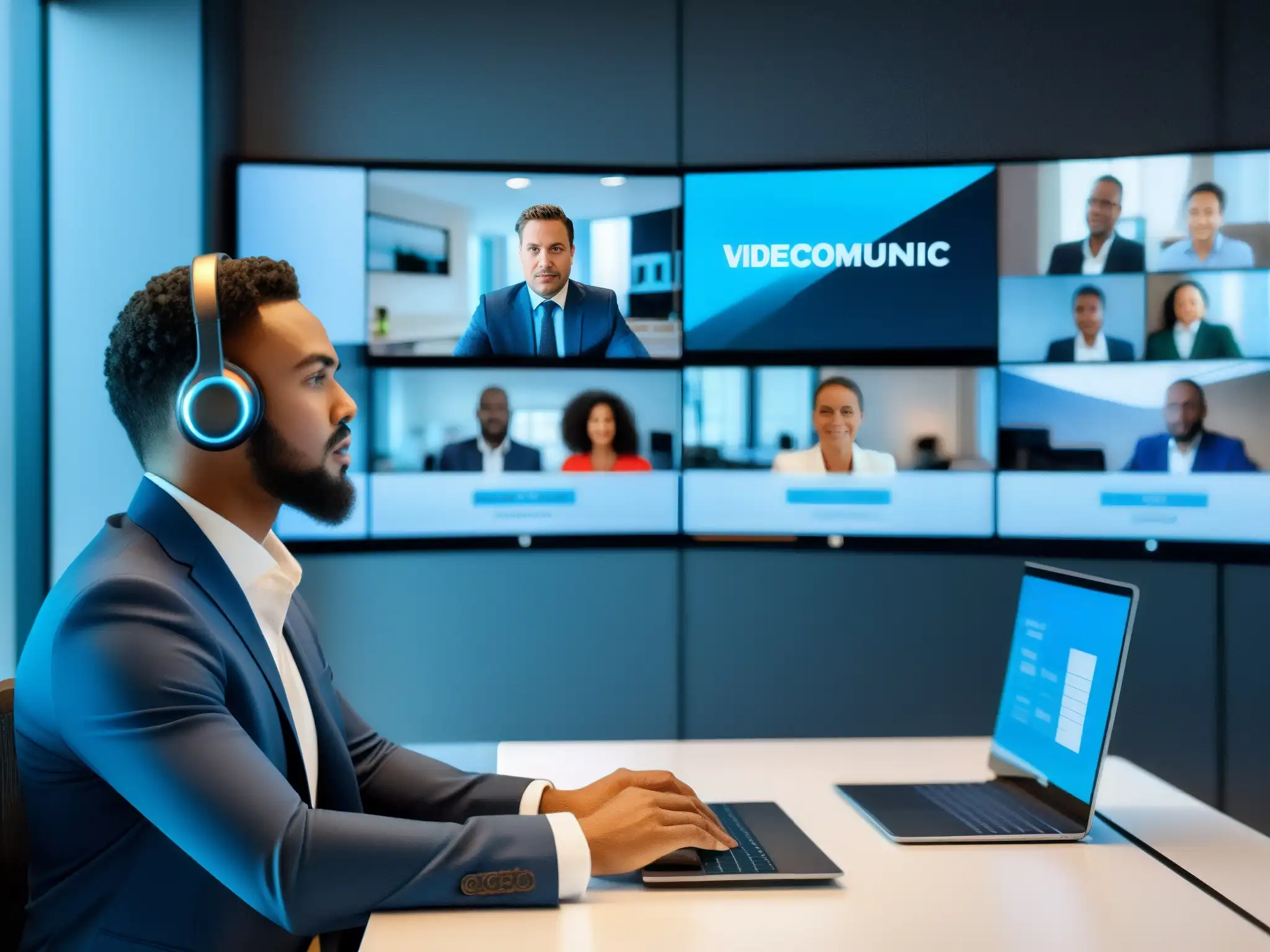 Profesional multitarea en videoconferencia Profesional multitasking en videoconferencias con productividad en moderno espacio de trabajo