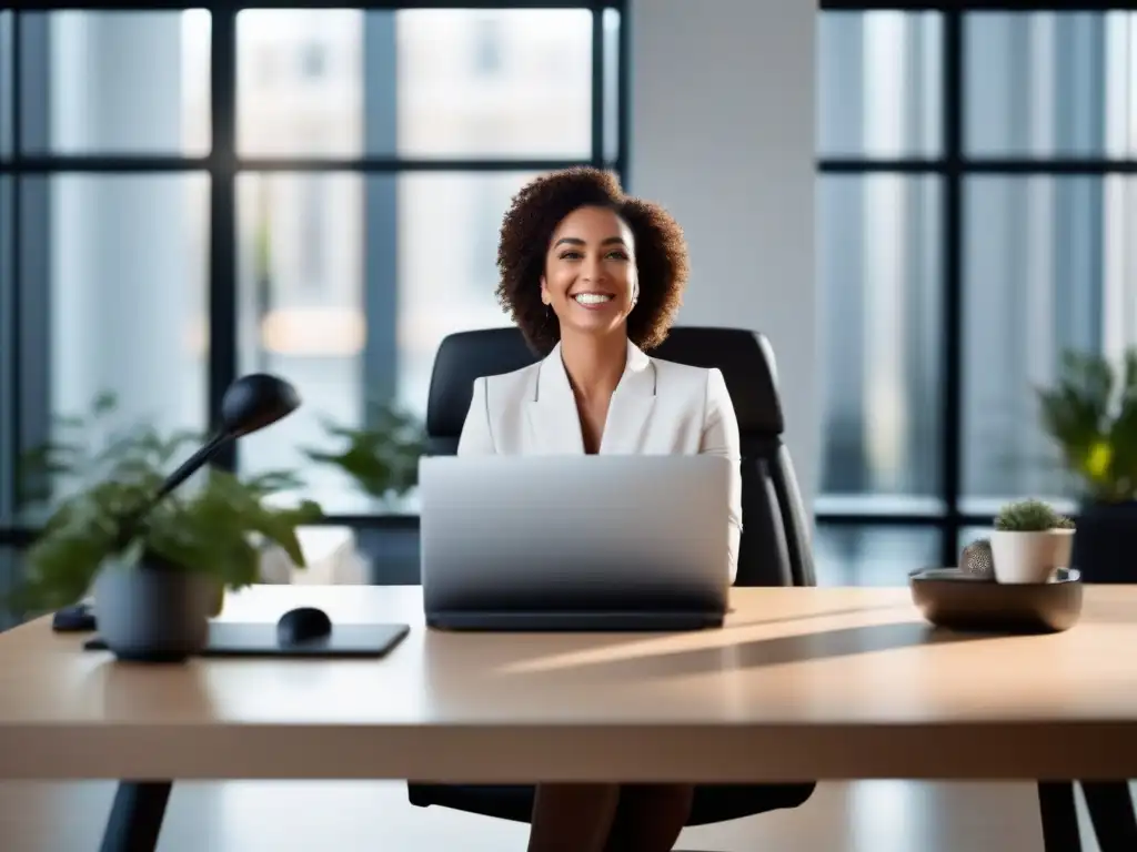 Oficina minimalista: video llamada profesional Un profesional en una oficina minimalista y luminosa, participando en una videollamada en un monitor de alta resolución