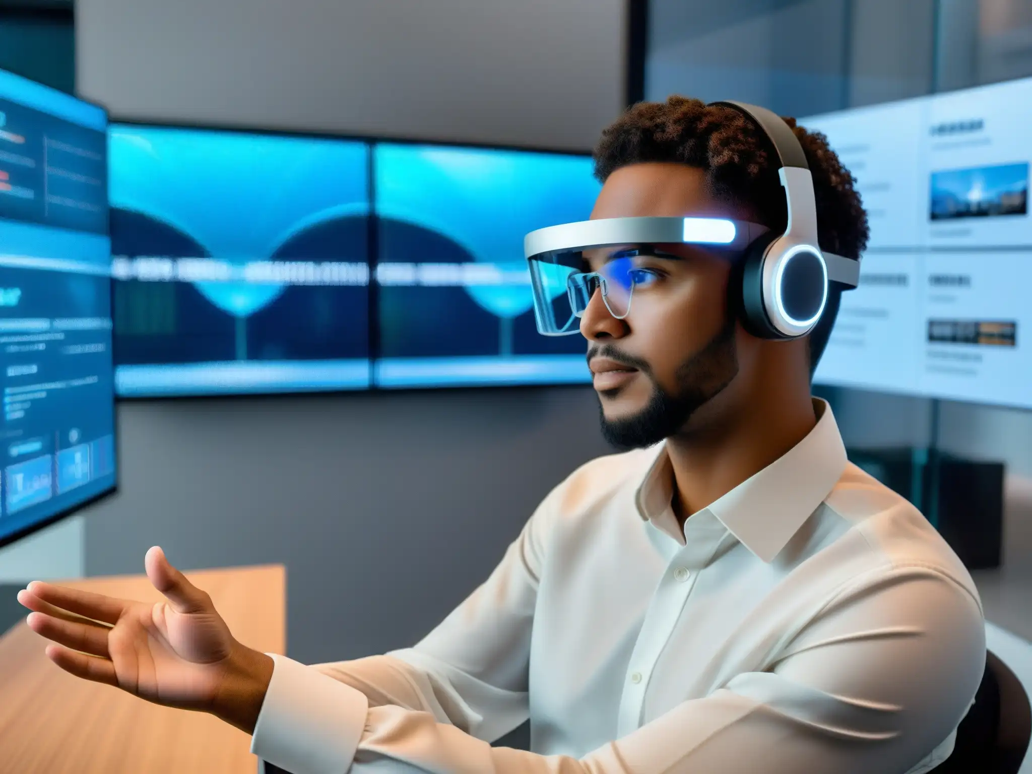 Profesional inmerso en realidad aumentada en oficina moderna Profesional en oficina moderna con auriculares de realidad aumentada, interactuando con hologramas