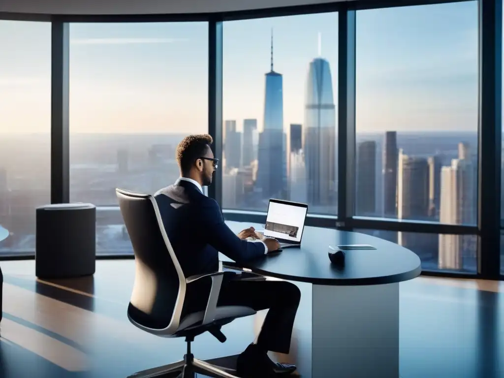 Profesional enfocado en cumplimiento CCPA en oficina moderna Un profesional en una oficina moderna, revisando documentos y tomando notas en una elegante mesa con equipo de videoconferencia