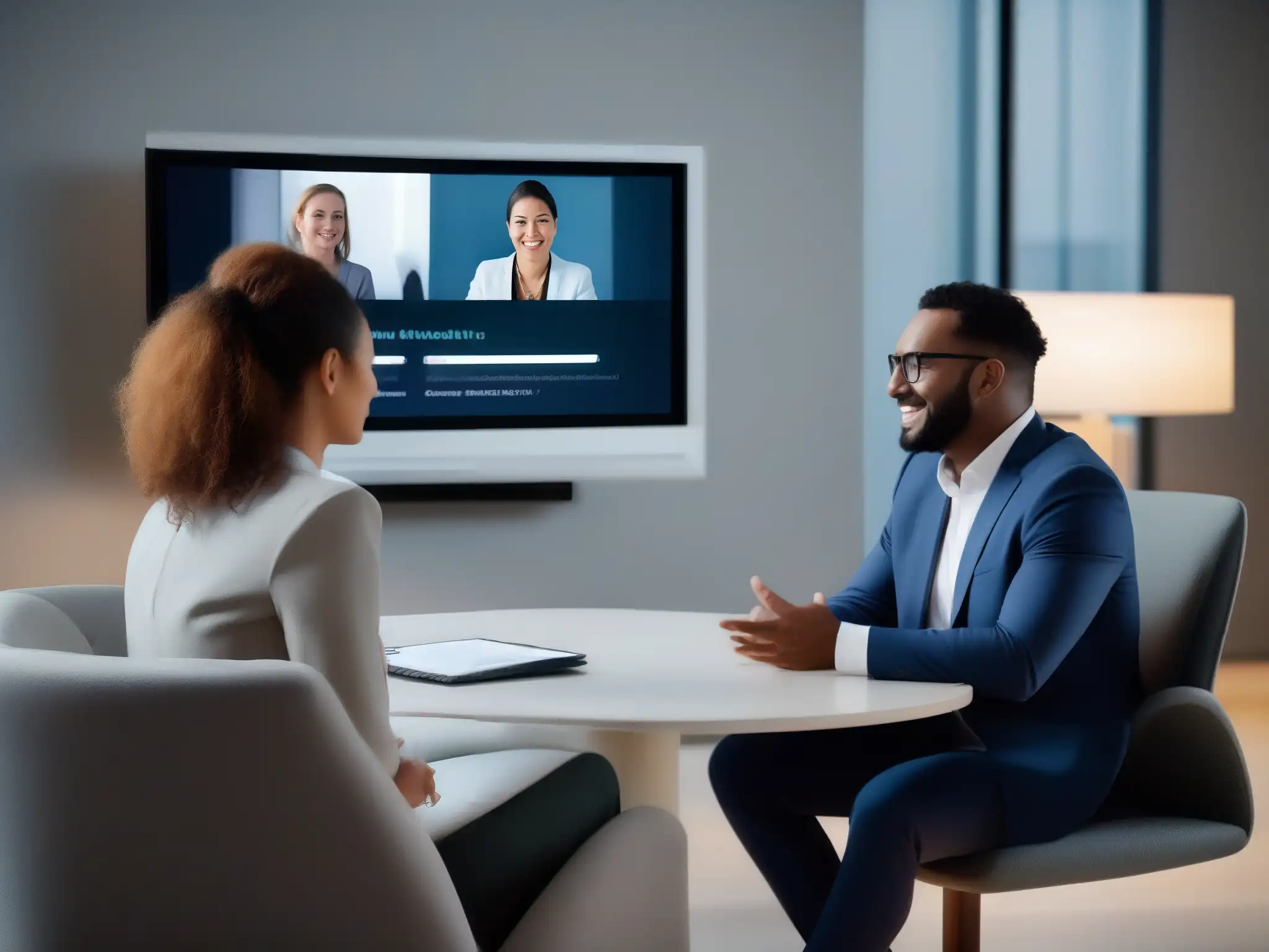 Conexión profesional paciente-terapeuta en videoconferencia Profesional y paciente en videoconferencia en oficinas contemporáneas, transmiten confianza y profesionalismo