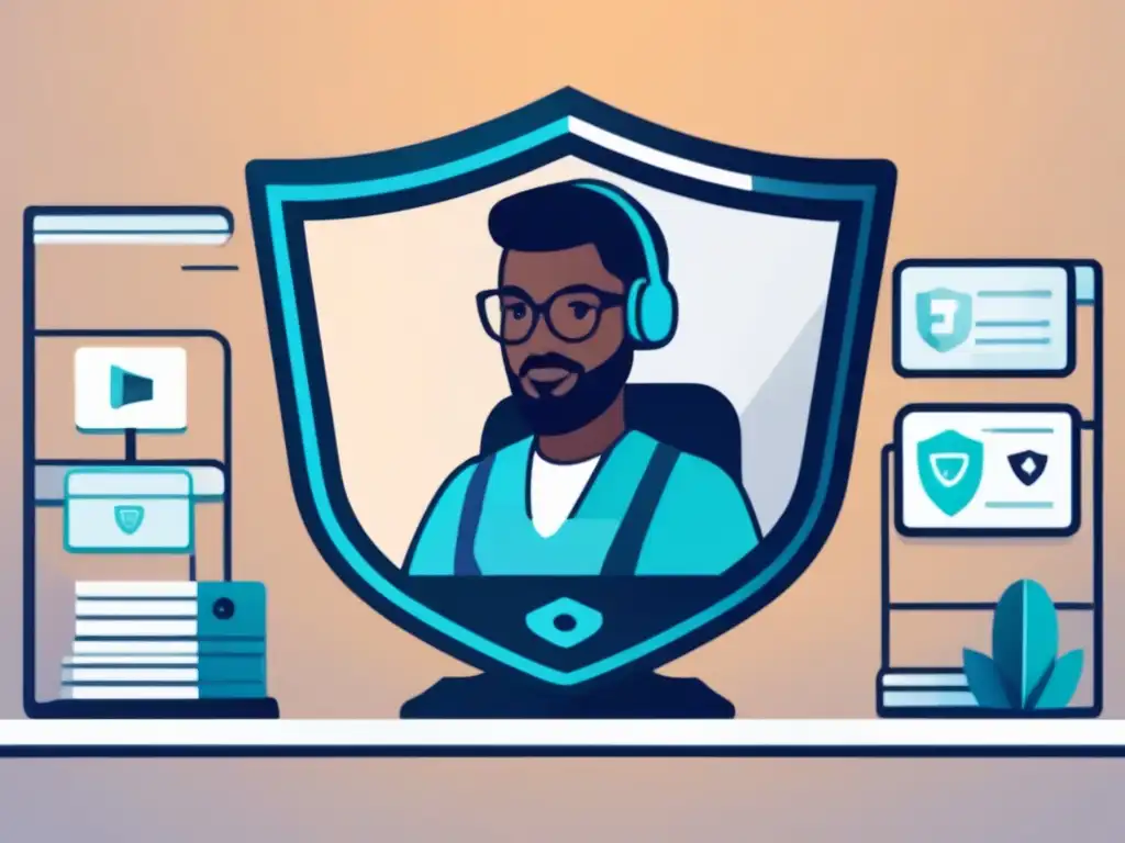 Videoconferencia segura: protege tu identidad digital Un profesional usa una plataforma de videoconferencia segura y encriptada en un dispositivo moderno, con un escudo simbolizando seguridad
