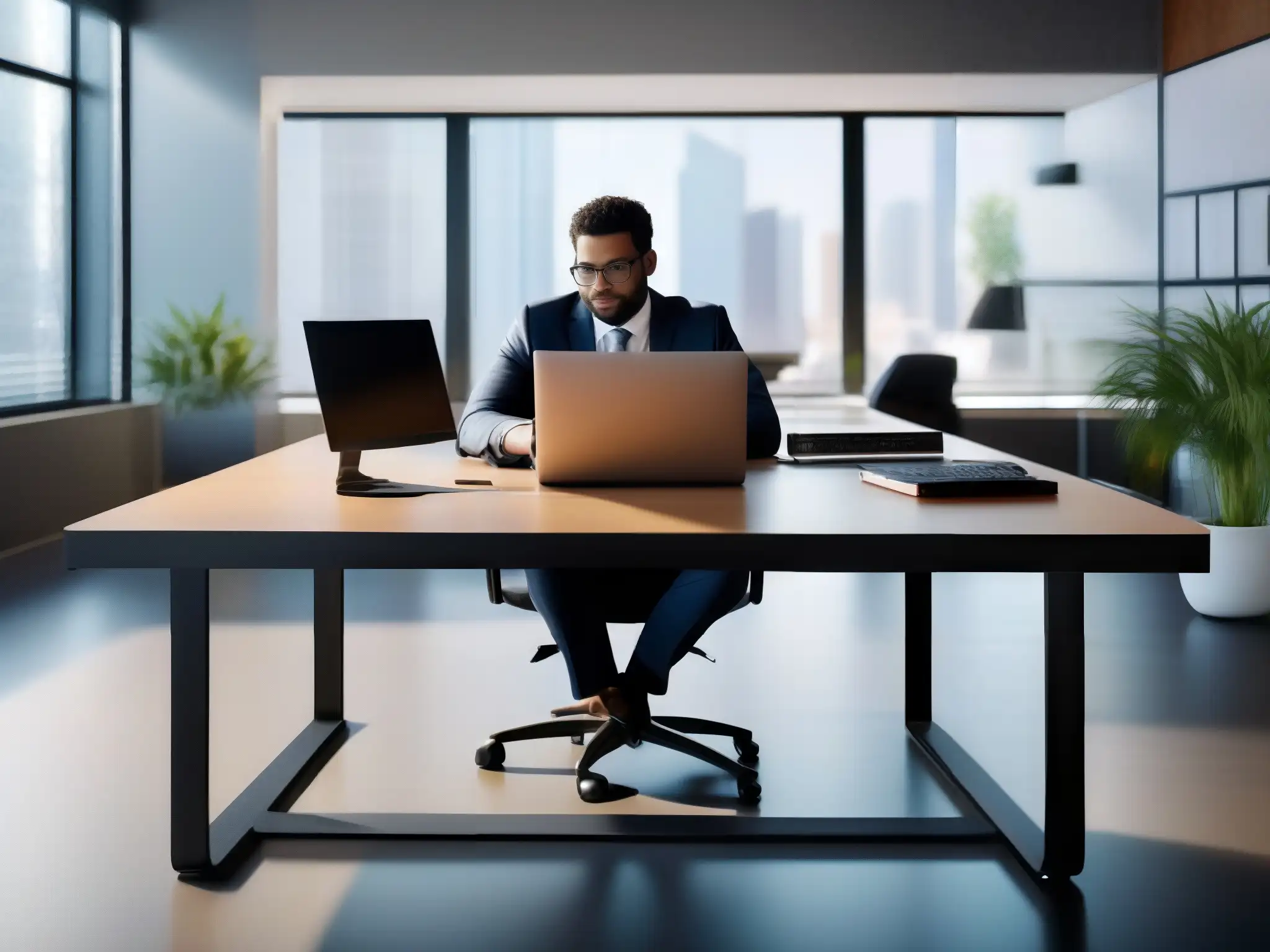 Reunión virtual productiva en oficina moderna Un profesional gestiona eficientemente recursos y herramientas en una videoconferencia productiva en un ambiente enfocado y profesional
