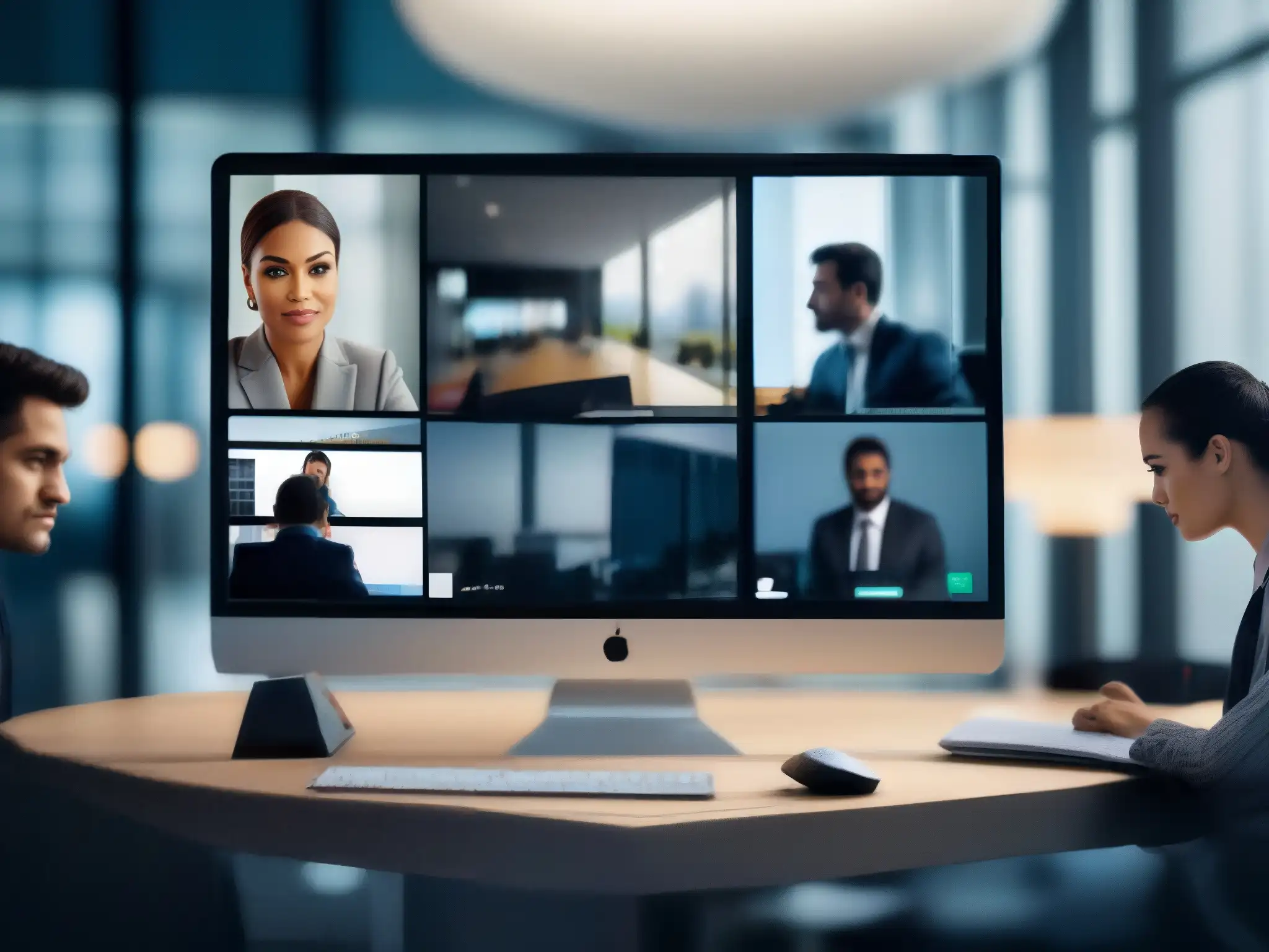 Profesional ajustando seguridad en videoconferencia Un profesional ajusta la seguridad en herramientas de videoconferencia en una oficina moderna y tecnológica