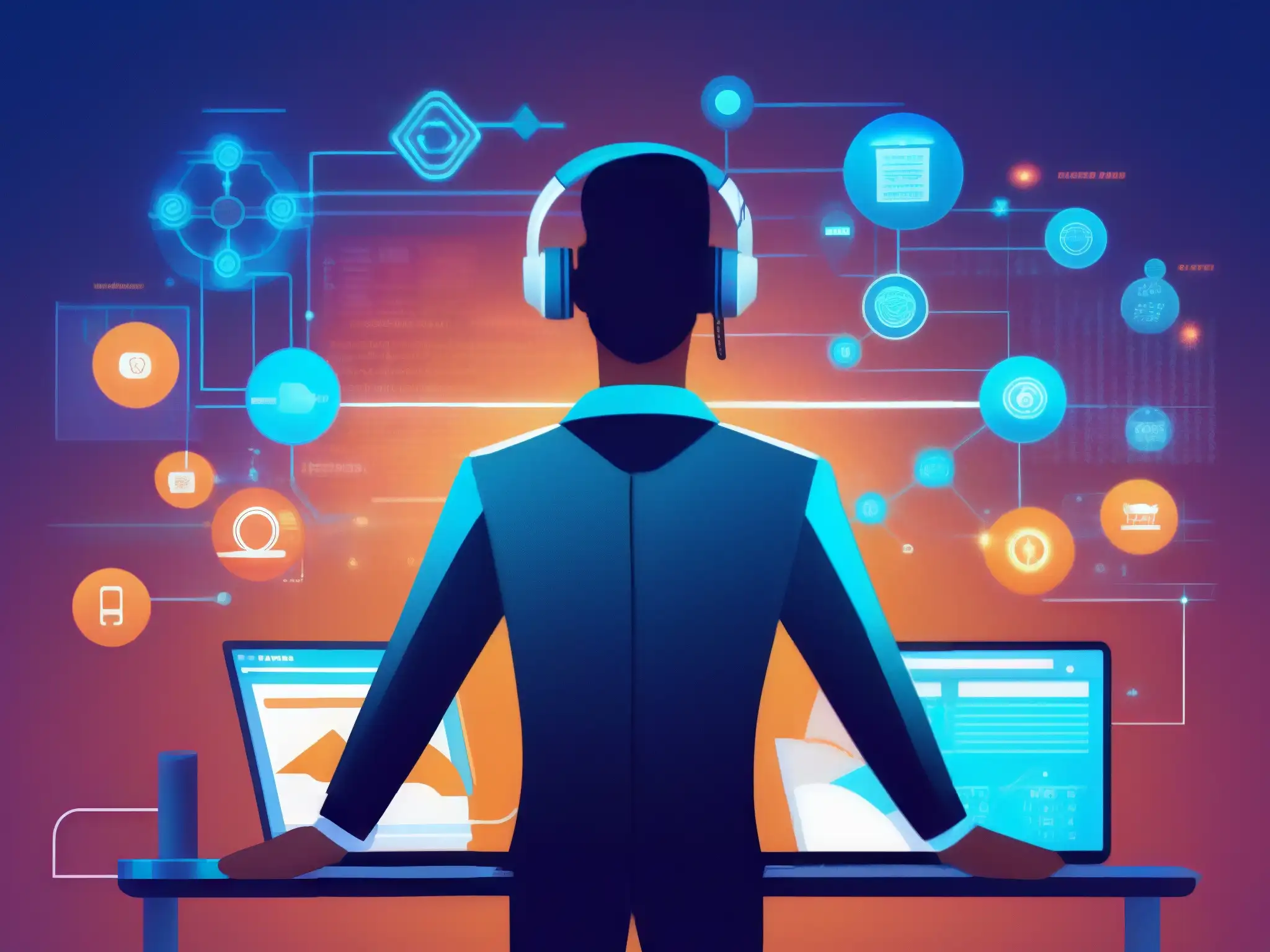 Profesional en seguridad informática evaluando Jitsi Meet Un profesional de la seguridad en plataformas de videoconferencia analiza la Jitsi Meet, rodeado de tecnología futurista y medidas de seguridad