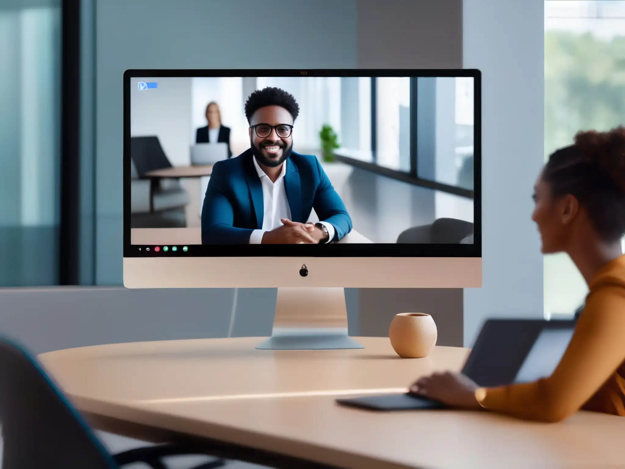 Conferencia virtual profesional: enfoque y confianza Profesional seguro en videoconferencia, compartiendo pantalla en ambiente productivo