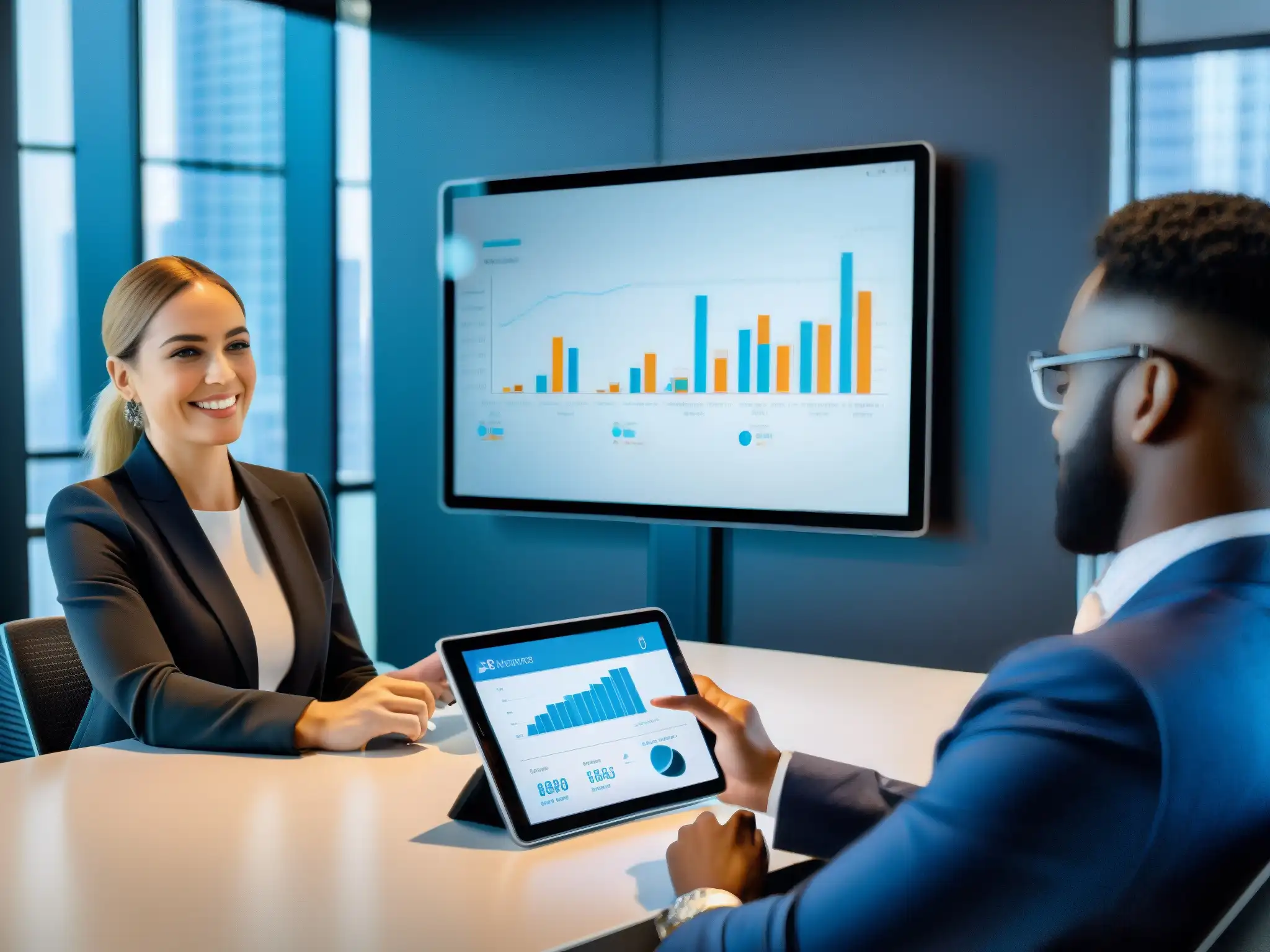 Asesor financiero experto en videoconferencia Profesional de servicios financieros atiende cliente en videoconferencia con gráficos financieros