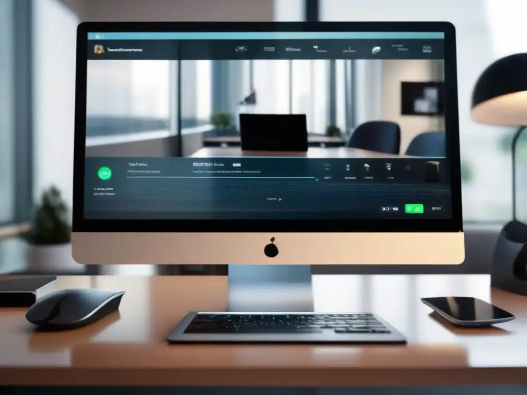 Configuración profesional de videoconferencia Profesional y sofisticado set de videoconferencia con herramientas de control de ruido ambiental en un escritorio minimalista