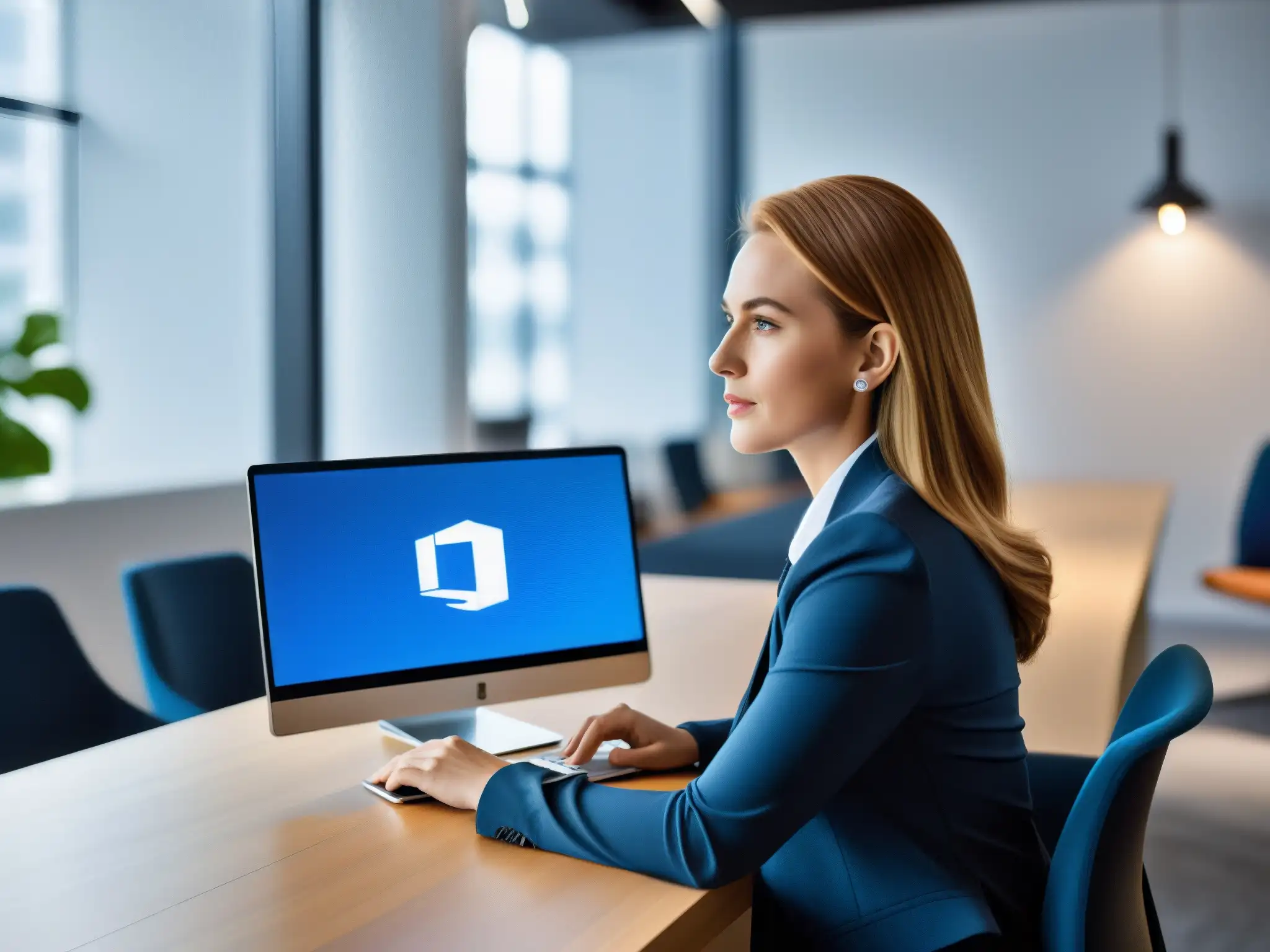 Oficina moderna con soporte remoto profesional en TeamViewer Un profesional brinda soporte remoto a una PYME desde una oficina moderna, destacando la eficiencia de TeamViewer