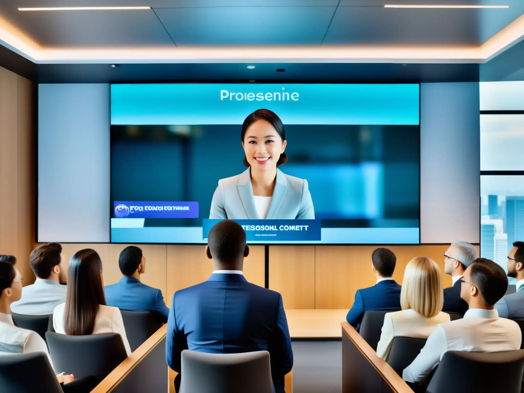 Conferencia virtual dinámica: presentación profesional con impacto Un profesional utiliza técnicas efectivas para videoconferencias, cautivando a una audiencia participativa con contenido dinámico en pantalla