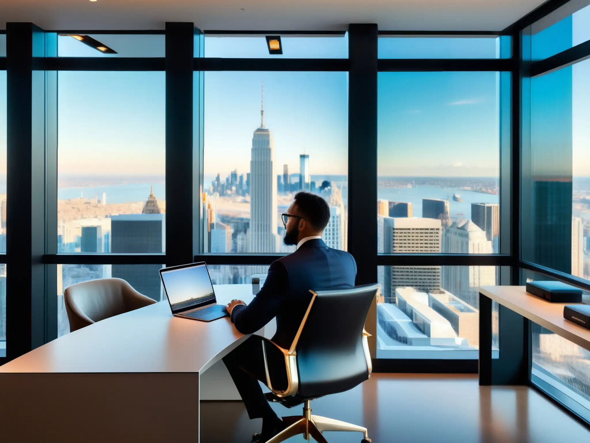 Oficina minimalista con vista a la ciudad: profesional en videoconferencia Profesional en traje en elegante oficina con vista a la ciudad, en videoconferencia