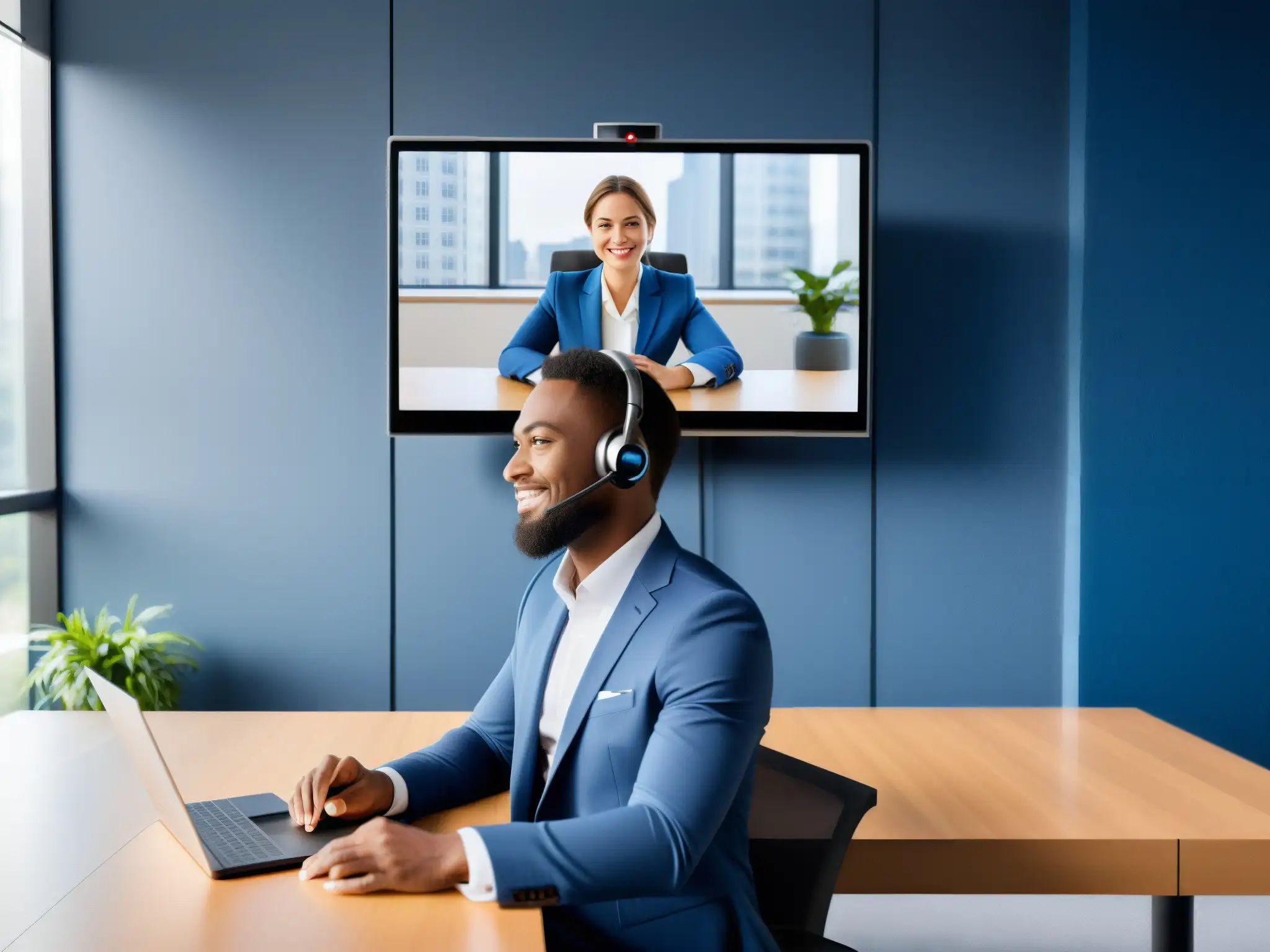 Videoconferencia profesional con BlueJeans Un profesional en videoconferencia BlueJeans, ambiente luminoso y ordenado
