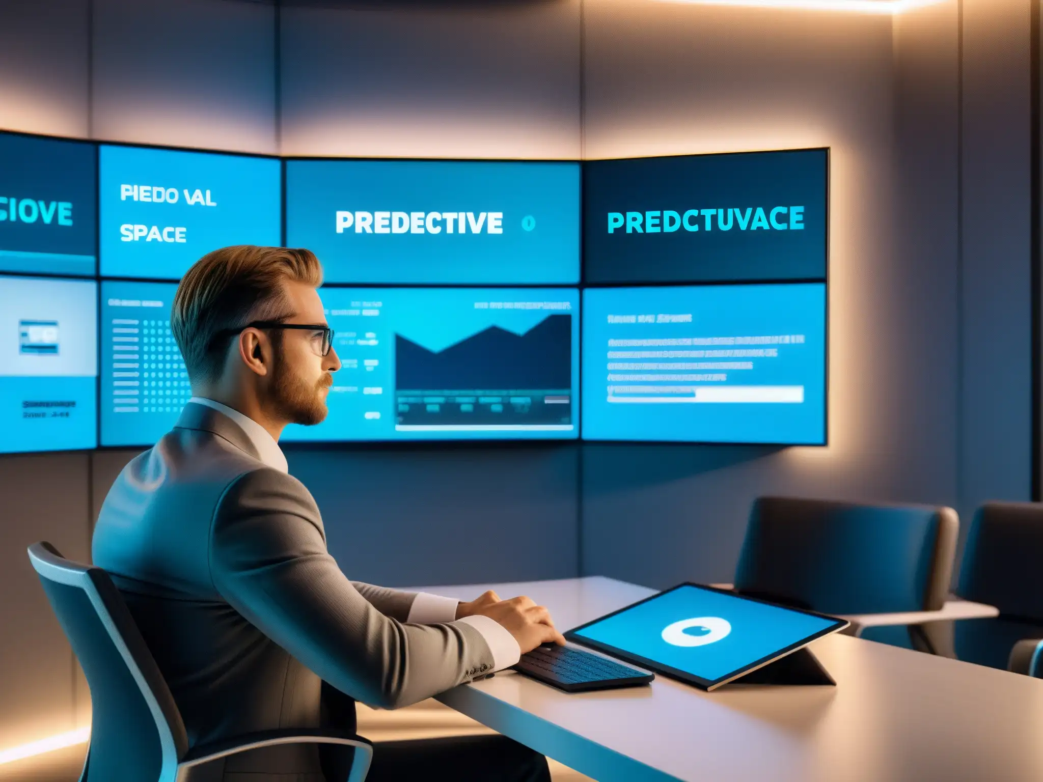 Análisis predictivo en videoconferencia: futuro profesional Profesional en videoconferencia con análisis predictivo en una oficina moderna y futurista