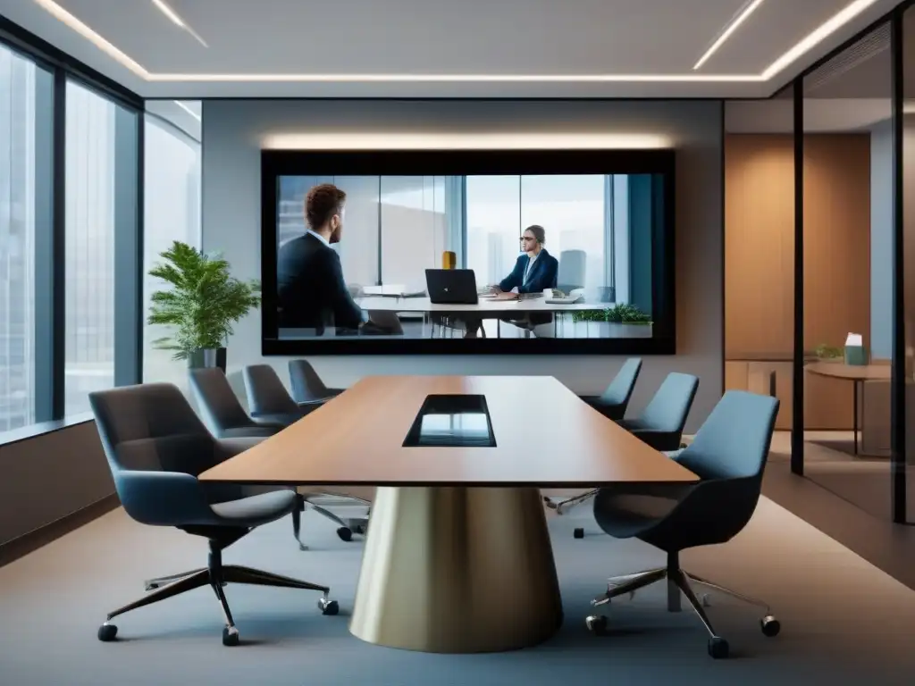 Oficina moderna para videoconferencias de ventas Un profesional lidera una videoconferencia con clientes en una oficina moderna y elegante
