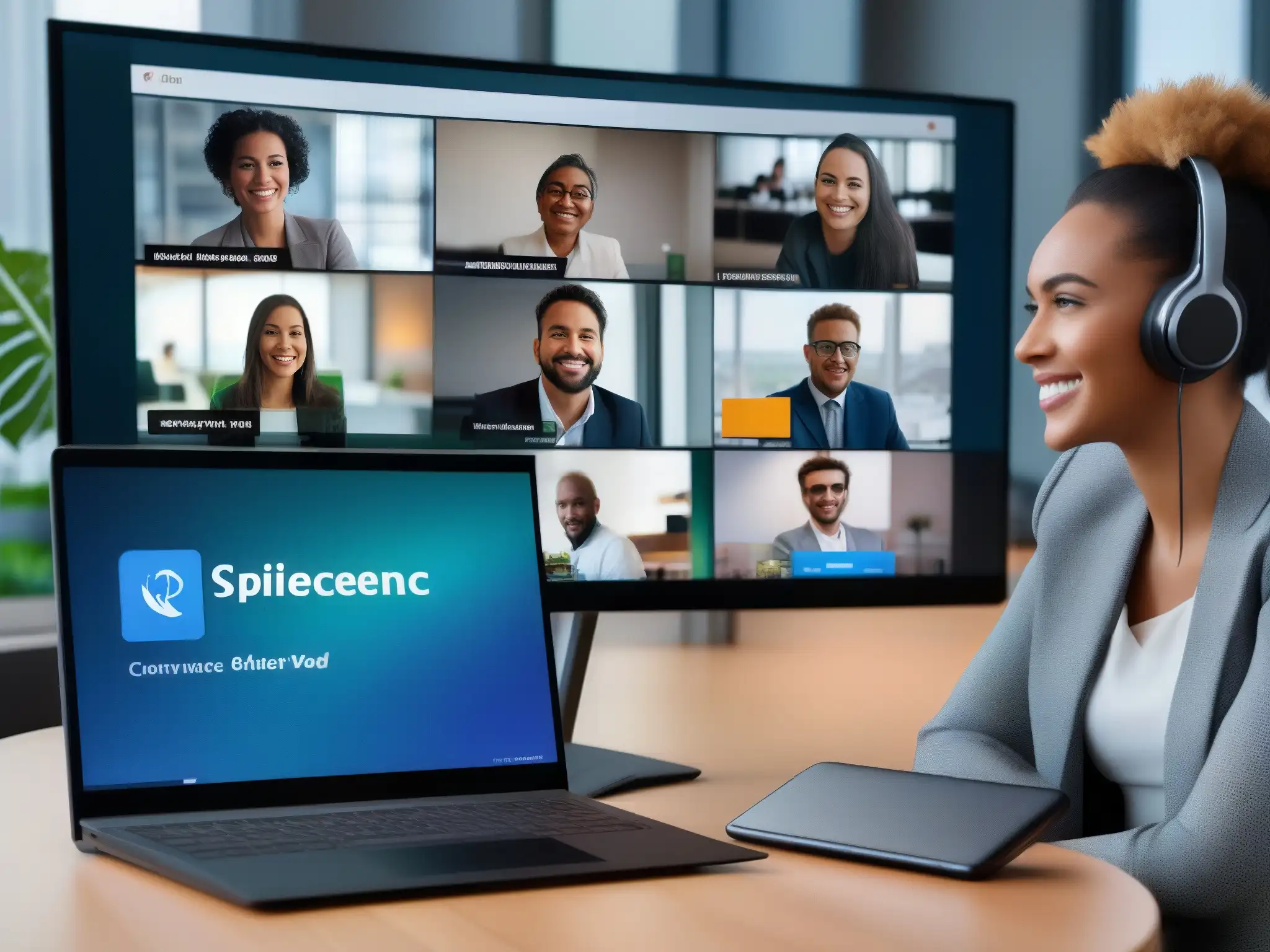 Conferencia de video profesional en 8k: laptop, tablet y smartphone Un profesional en videoconferencia en tres dispositivos diferentes, mostrando calidad y tecnología en un entorno de oficina moderno