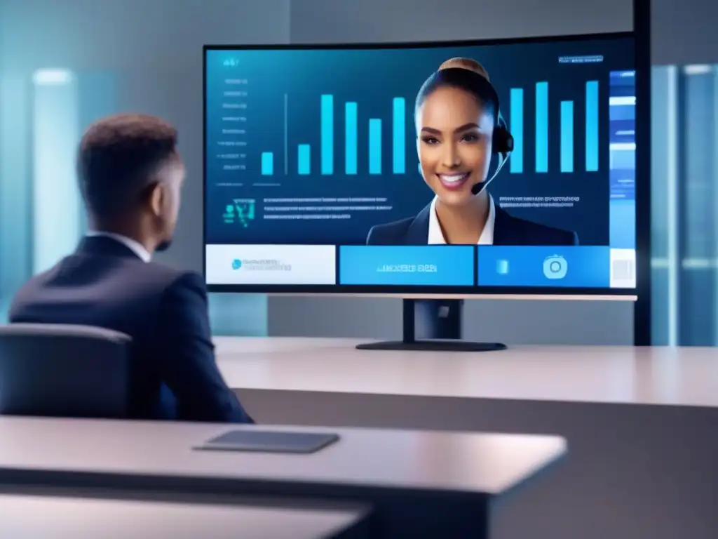 Entrenamiento virtual con asistente de IA en conferencia Un profesional lidera una videoconferencia eficiente con asistente de IA, en un entorno tecnológico sofisticado y futurista