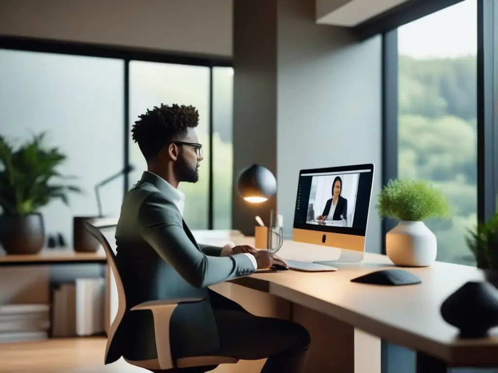 Profesional en videoconferencia desde casa: eficiencia y comodidad Un profesional dirige una videoconferencia desde su elegante oficina en casa