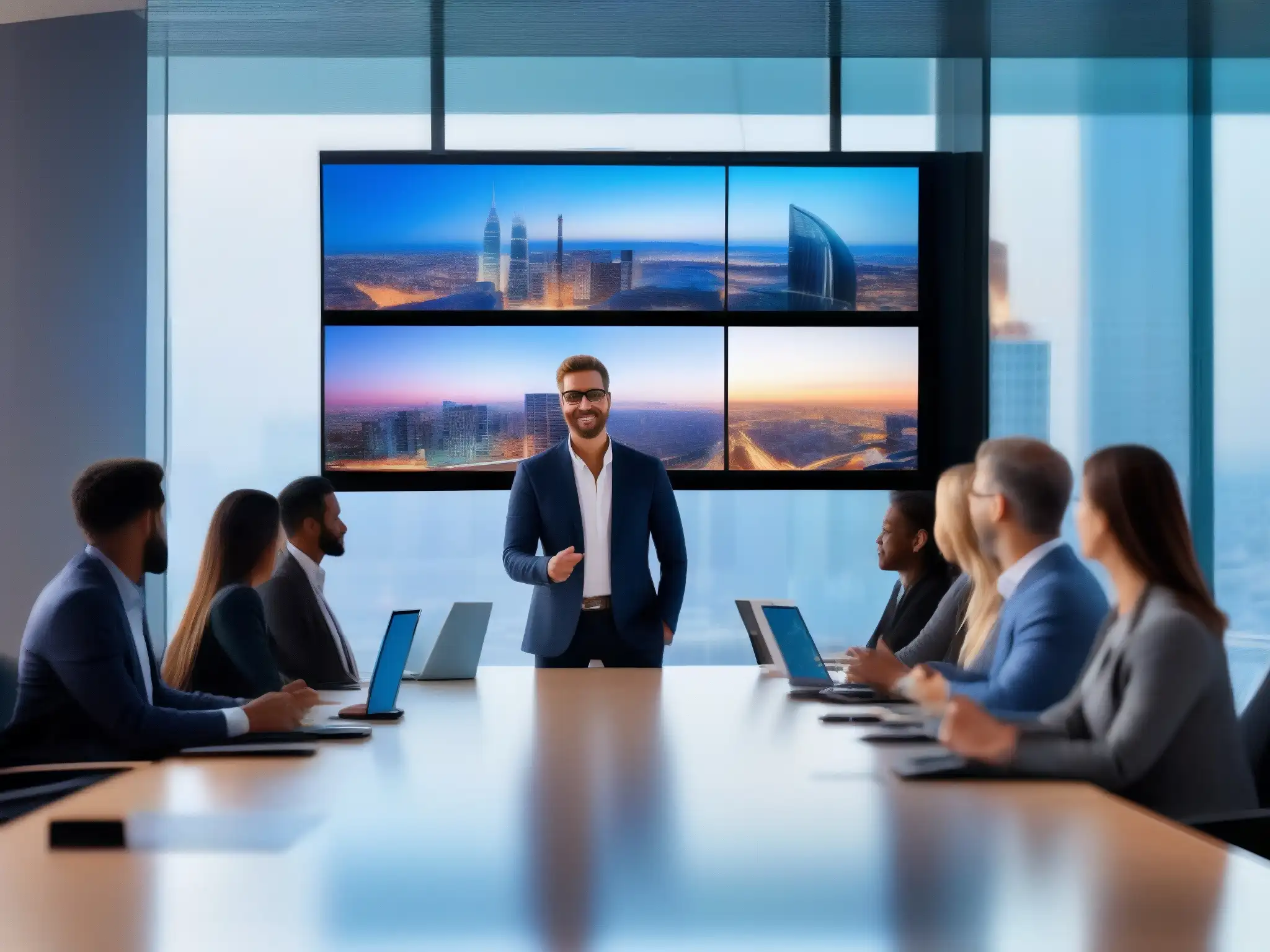 Videoconferencia 5G: Colaboración sin fronteras Profesional en videoconferencia 5G, mejora sincronización en multinacionales, ambiente moderno y colaborativo