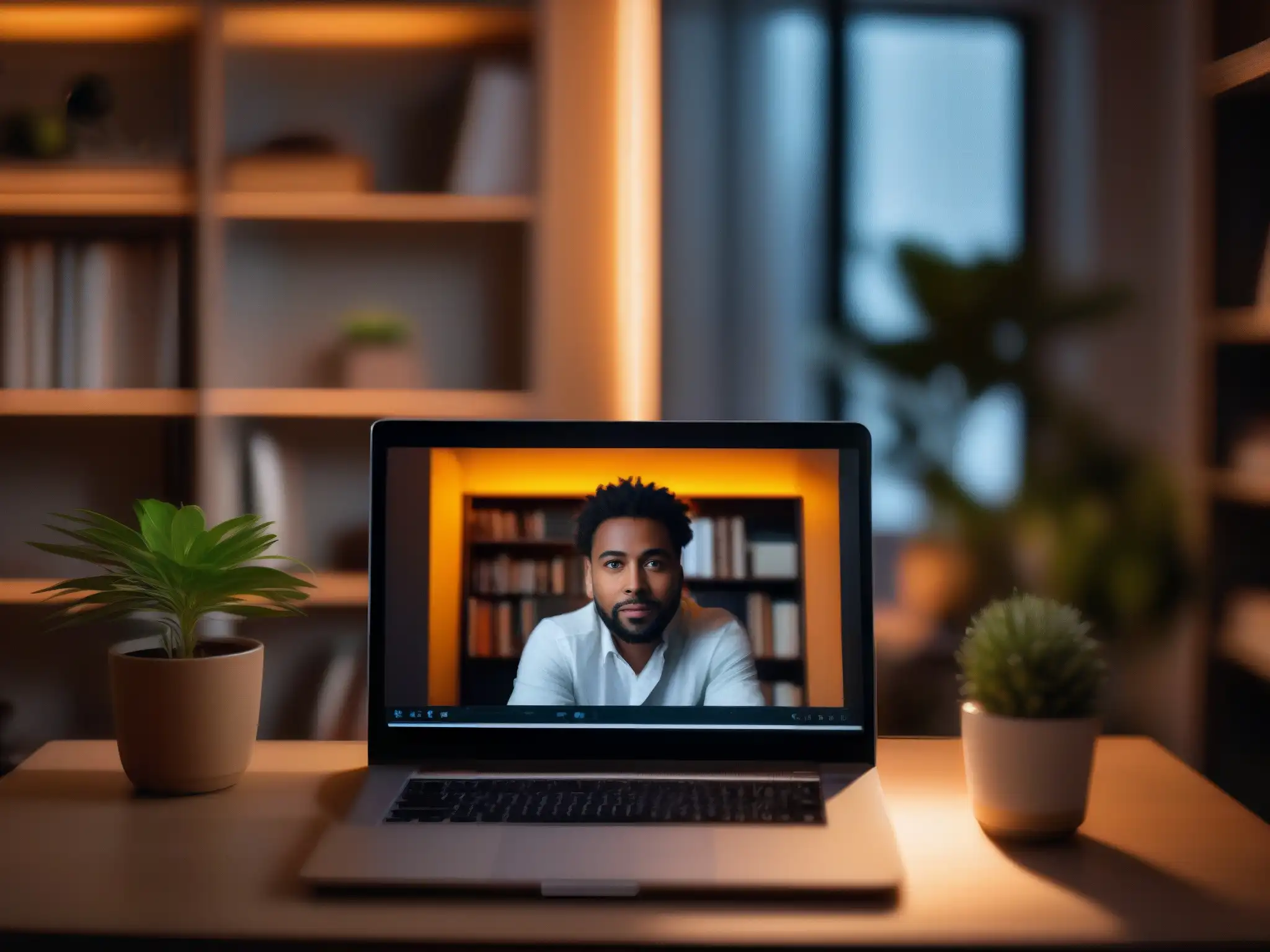 Conferencia virtual en la penumbra: profesional atento Profesional en videoconferencia, iluminado por la pantalla en un entorno oscuro