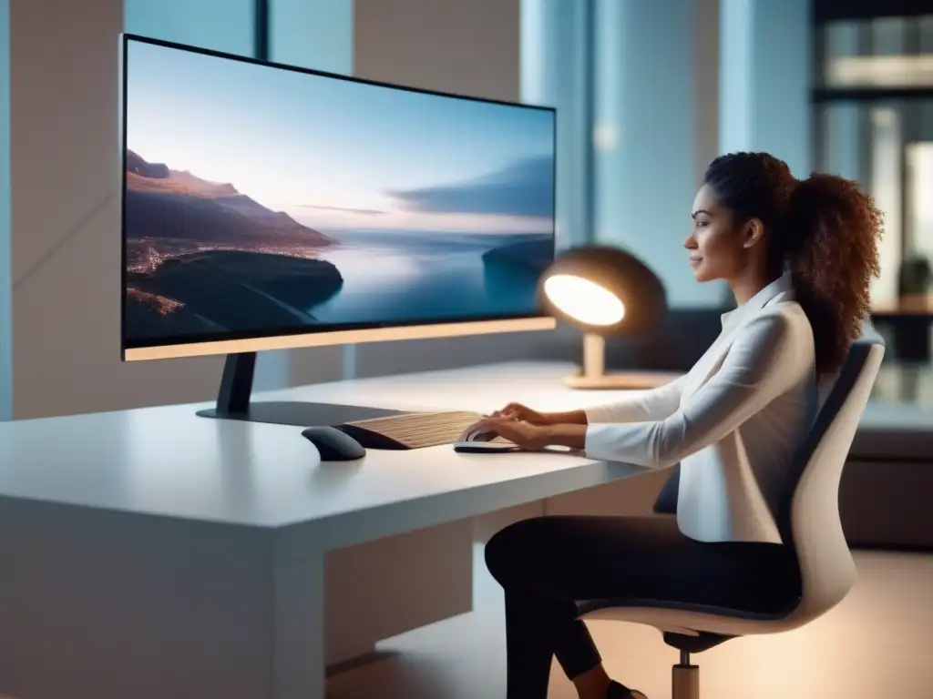 Conferencia profesional en pantalla: experiencia fluida y elegante Profesional en videoconferencia, muestra el impacto de animaciones en una interfaz moderna y atractiva en una habitación luminosa y elegante