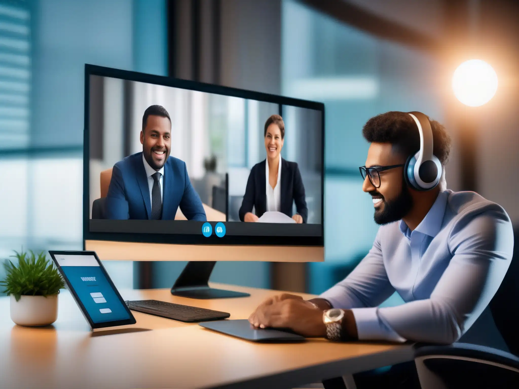 Configuración profesional de videoconferencia: atención minuciosa Un profesional configura una videoconferencia, destacando la importancia de evitar errores comunes en la gestión de videoconferencias