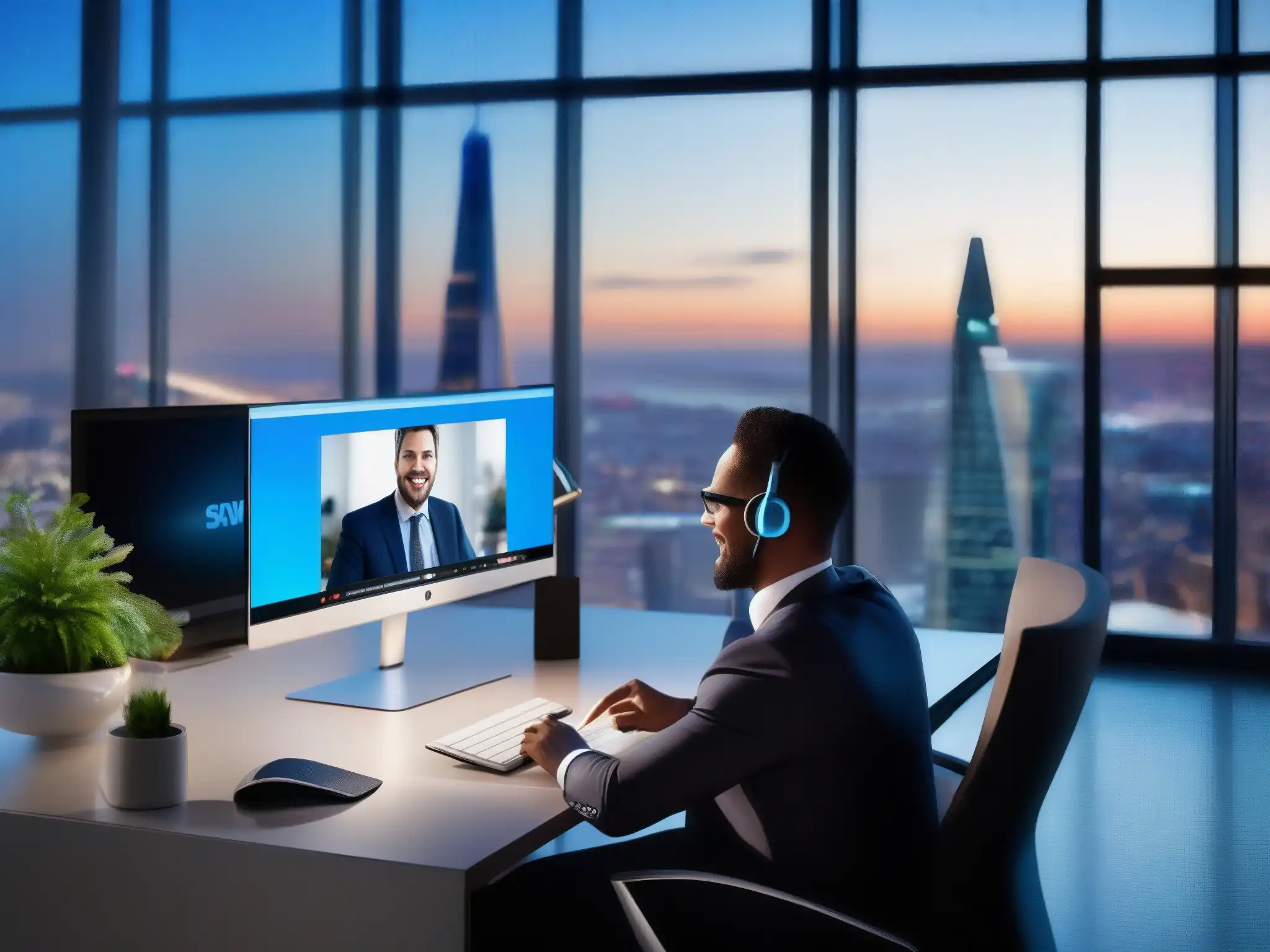 Oficina elegante con videoconferencia y vista a la ciudad Profesional en videoconferencia con integración de Skype for Business y Salesforce CRM en elegante oficina con vista panorámica urbana