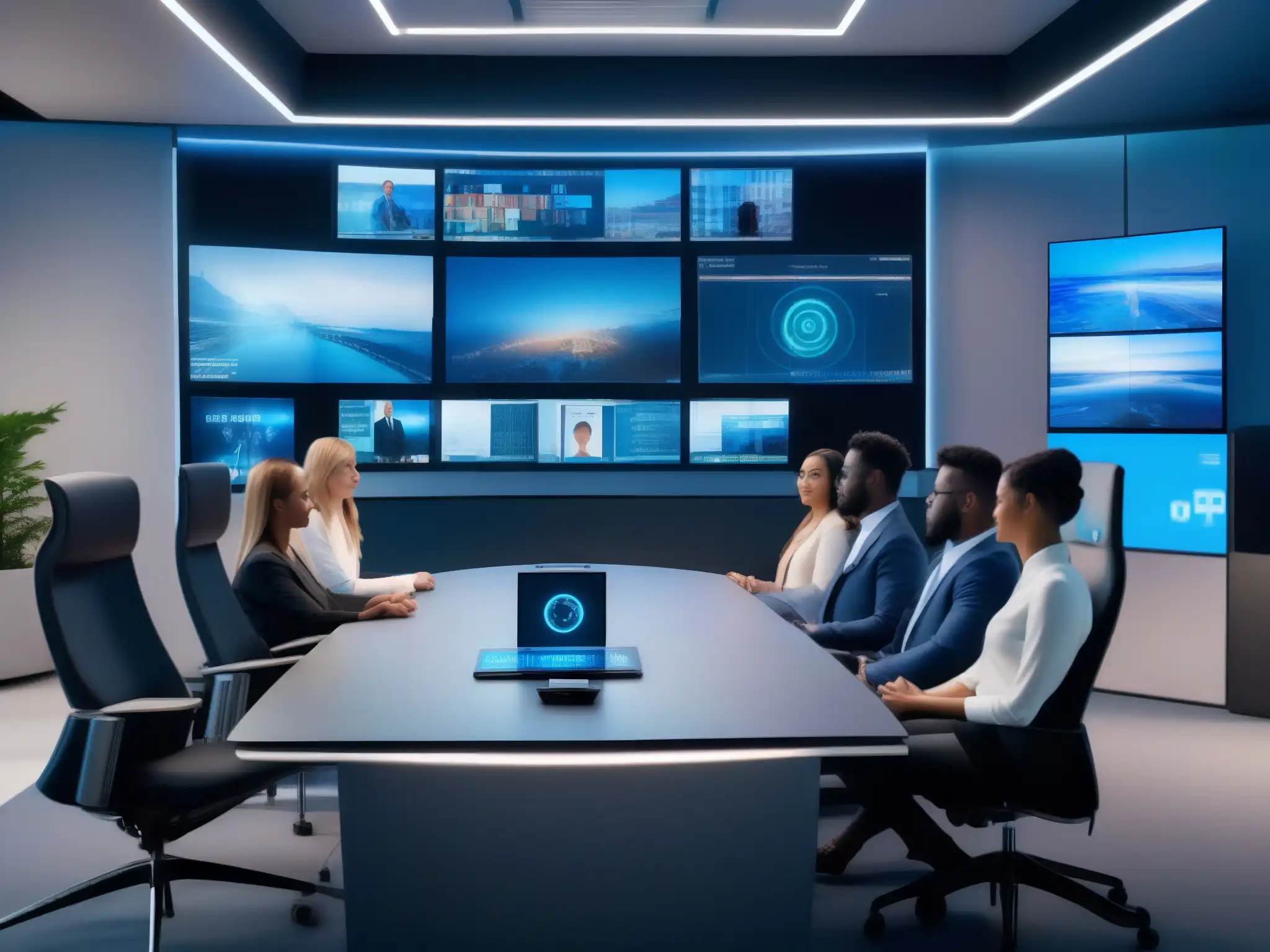 Videoconferencia futurista en oficina con ciberseguridad avanzada Profesional videoconferencia con integraciones esenciales ciberseguridad, tecnología futurista y equipo de expertos en ambiente de oficina