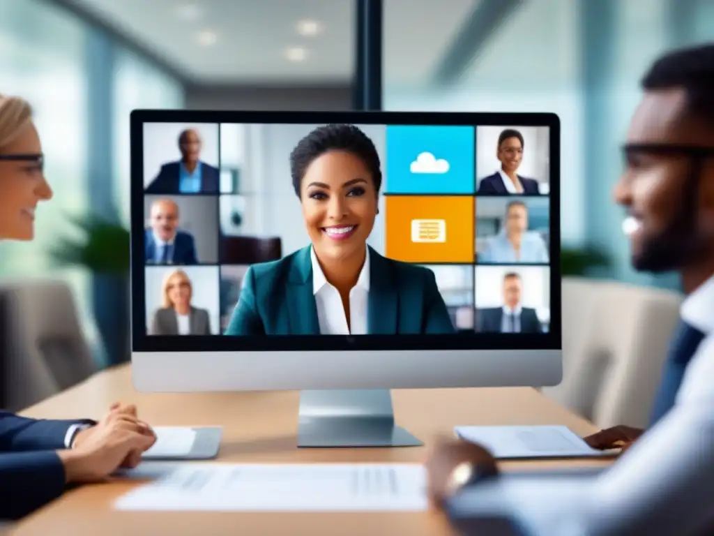 Profesional en reunión virtual: eficiencia y amabilidad Un profesional participa en una videoconferencia, con una interfaz moderna y una atmósfera de eficiencia