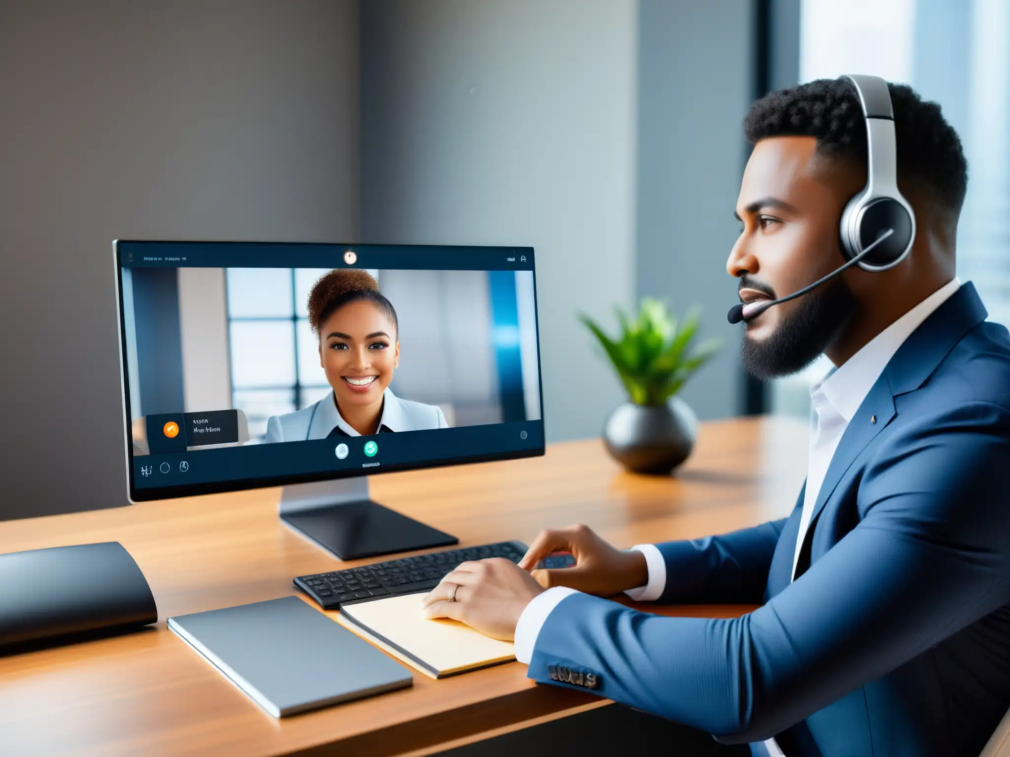 Oficina moderna para videoconferencias eficientes Profesional en videoconferencia con moderno escritorio y herramientas de facturación