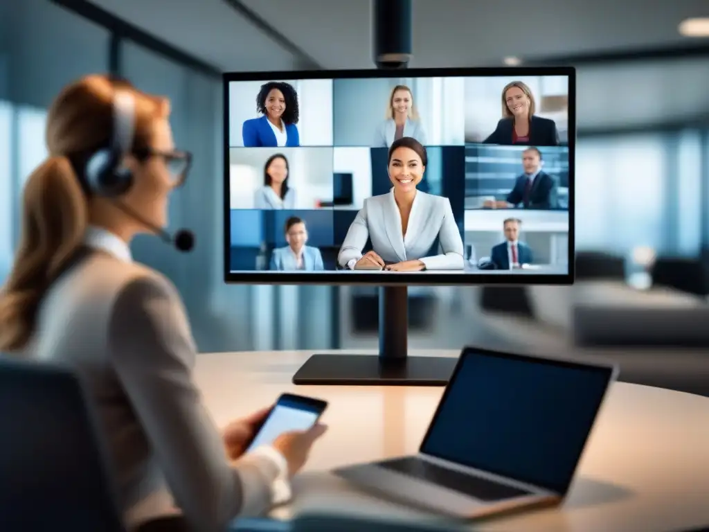 Profesional en videoconferencia: eficiencia y dinamismo Un profesional en videoconferencia móvil rodeado de tecnología moderna en un entorno minimalista