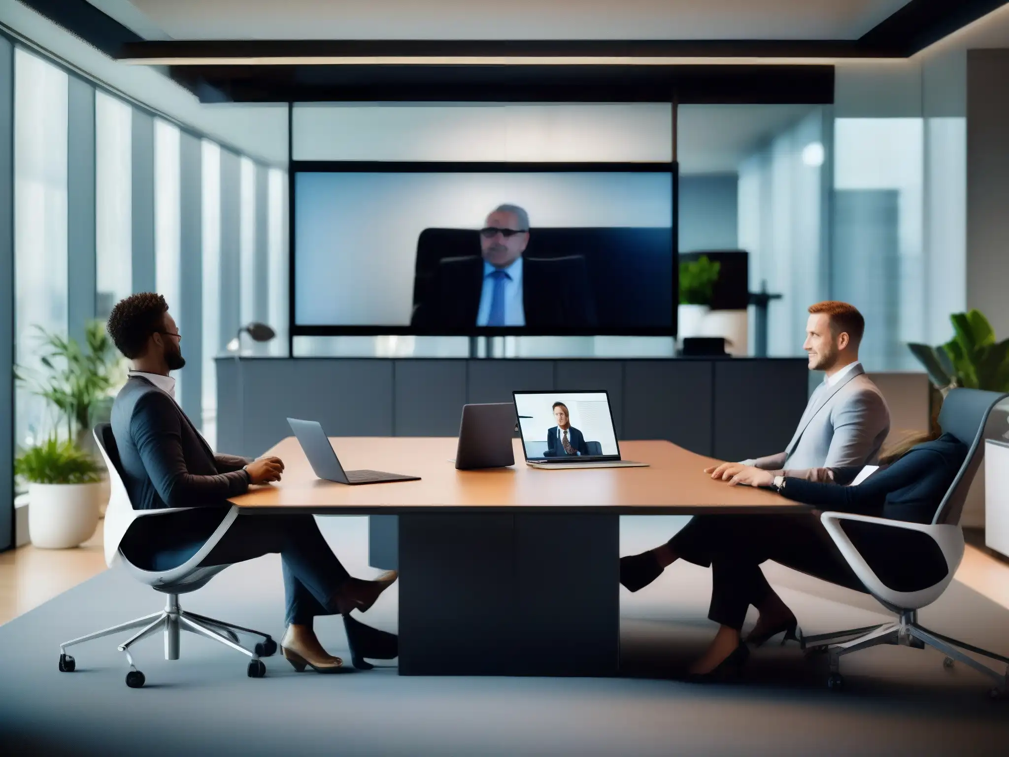 Conferencia virtual desde moderna oficina Un profesional realiza una videoconferencia desde una oficina moderna y segura, con claves de seguridad para proteger los datos
