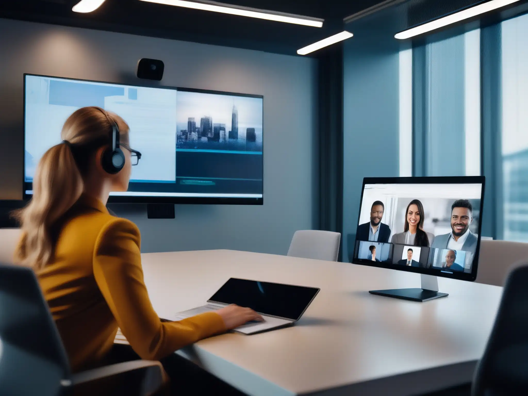 Conferencia virtual segura en oficina moderna Un profesional lidera una videoconferencia desde una oficina moderna, con integraciones esenciales de ciberseguridad visibles en la interfaz