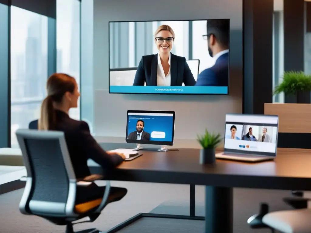 Videoconferencia de negocios en oficina moderna Un profesional en una videoconferencia en una oficina moderna, utilizando herramientas de videoconferencia profesionales