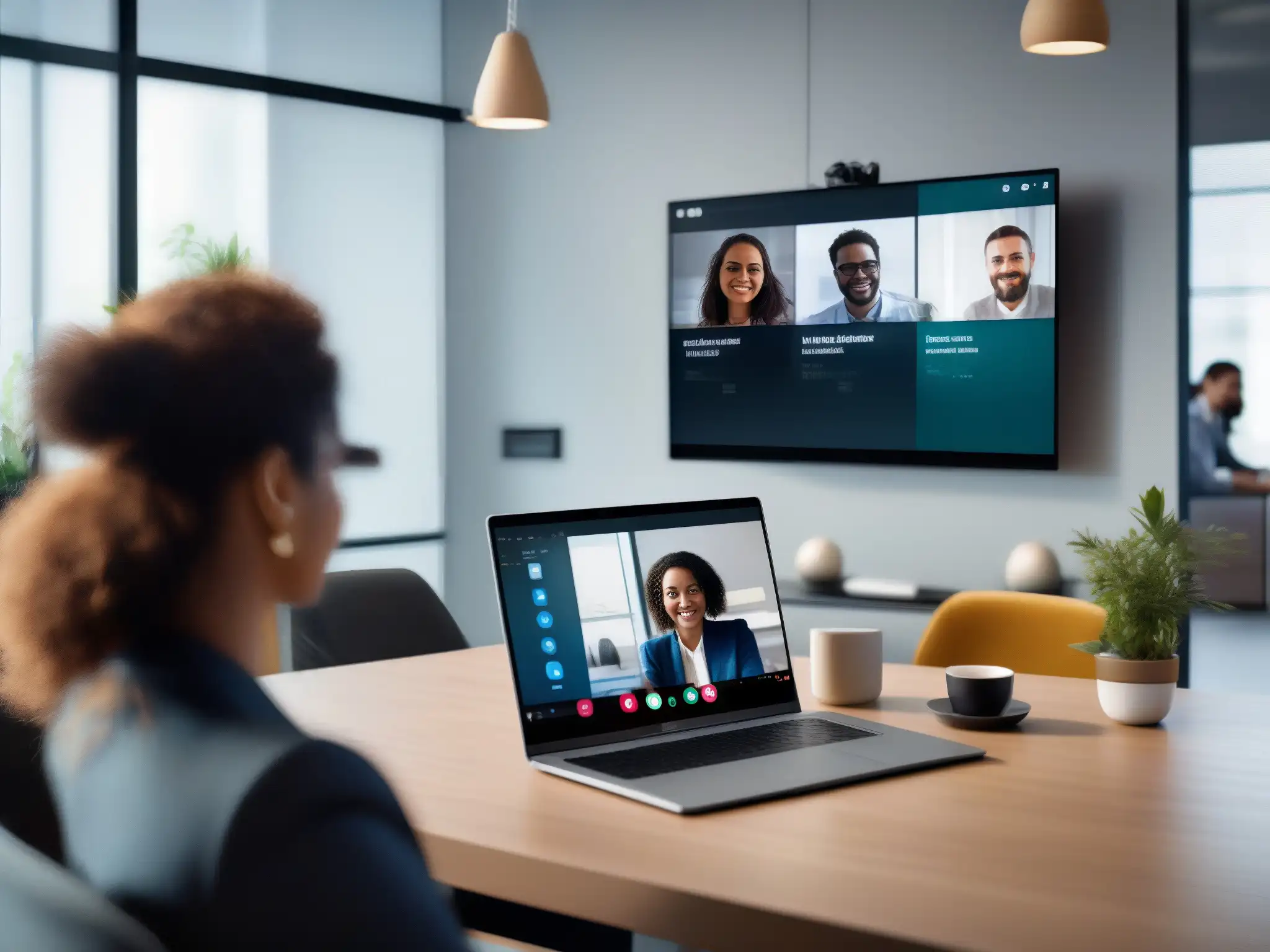 Videoconferencia profesional: Compartiendo pantalla con colegas Profesional en videoconferencia comparte pantalla con colegas