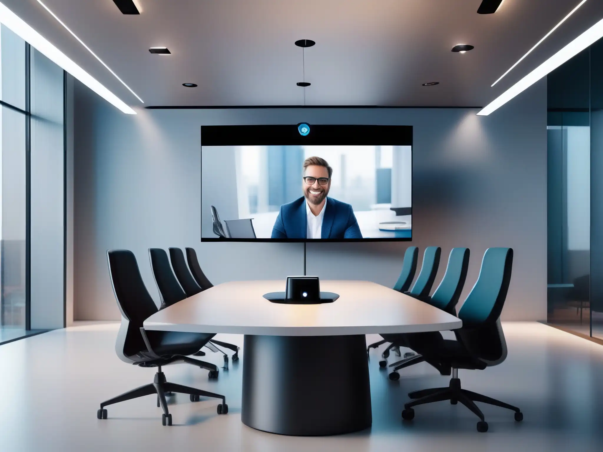 Videoconferencia 5G de vanguardia con profesionales diversos Profesional en videoconferencia 5G con cámara AI, pantalla 8K y moderno espacio de oficina