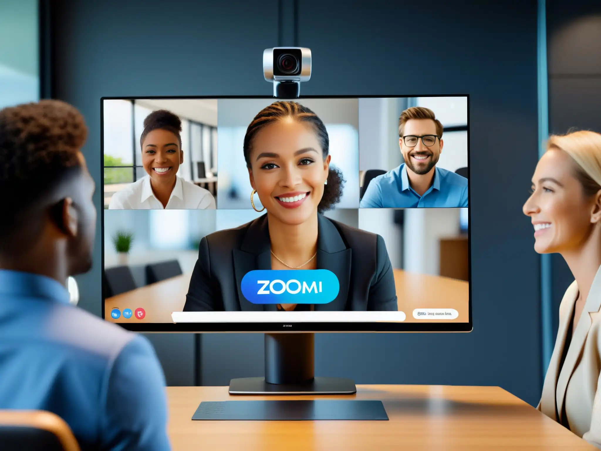 Conferencia virtual profesional en Zoom: grabación de sesión Profesional lidera videoconferencia con participantes diversos en moderna oficina