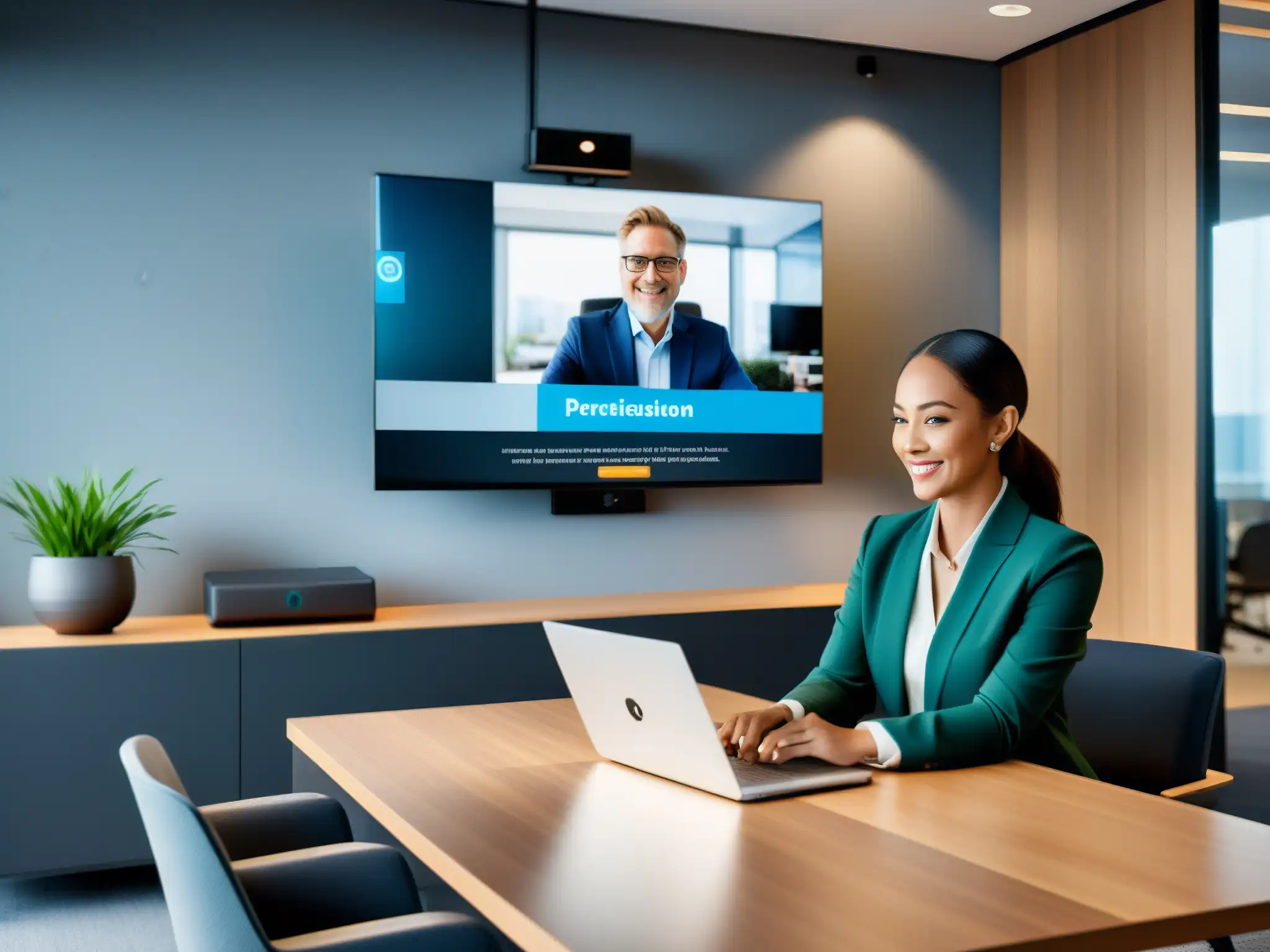 Videoconferencia personalizada: profesionalidad y modernidad Profesional en una videoconferencia personalizada en una oficina moderna