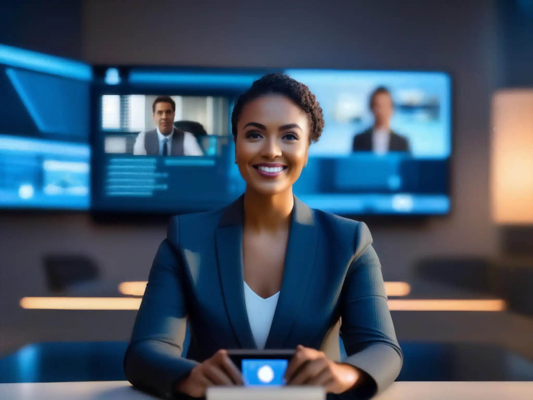 Conferencia virtual segura con interfaz futurista Profesional en videoconferencia segura y encriptada con herramientas avanzadas y diseño futurista