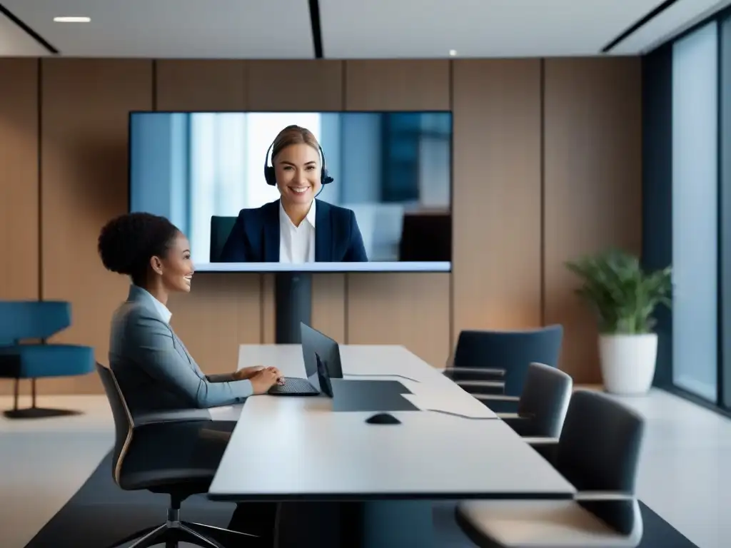 Profesional seguro en videoconferencia Un profesional conduce una videoconferencia segura en una oficina moderna y elegante